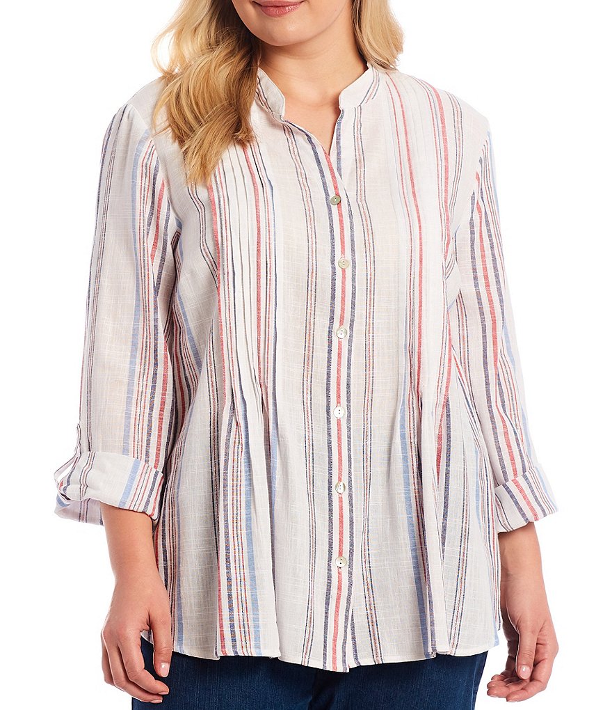 Ruby Rd. Plus Size Americana Stripe Metallic Detail Split Round Neck 3/4 Roll-Tab Sleeve Pintuck Detail Button Down Top