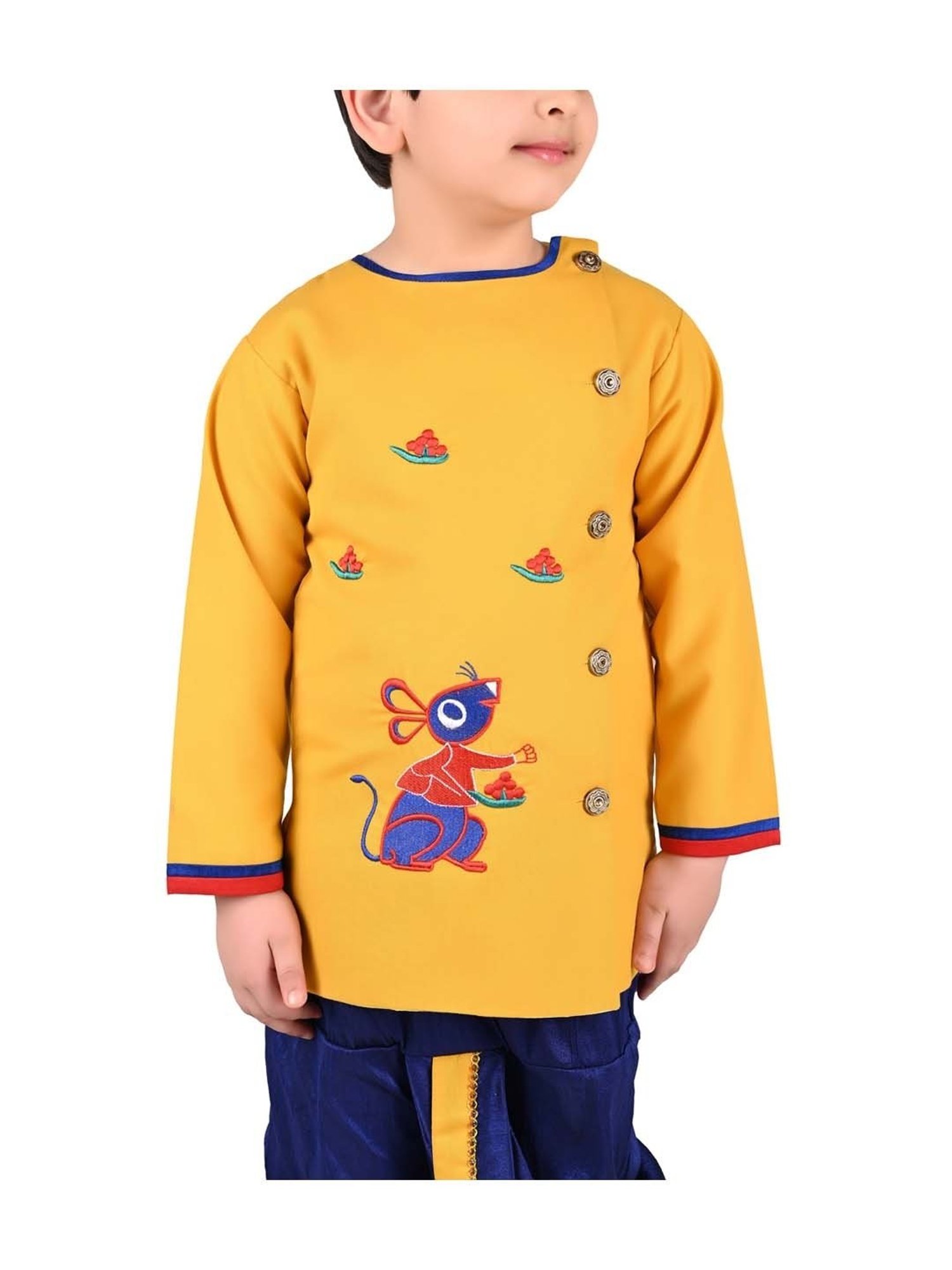 Ahhaaaa Kids Yellow & Blue Cotton Embroidered Kurta Set