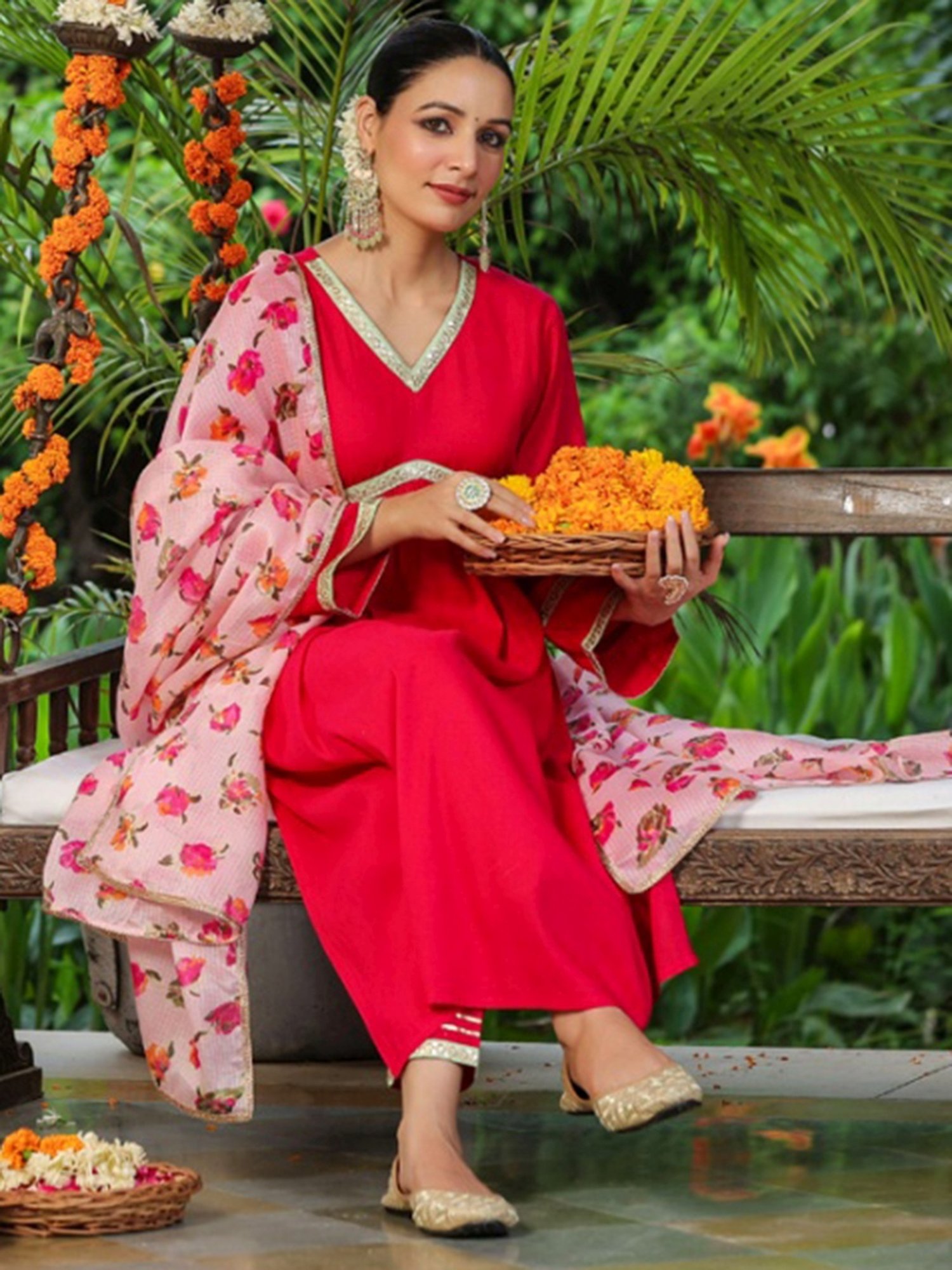 Rain and Rainbow Fuchsia Pink Embroidered Kurta Pant Set With Dupatta