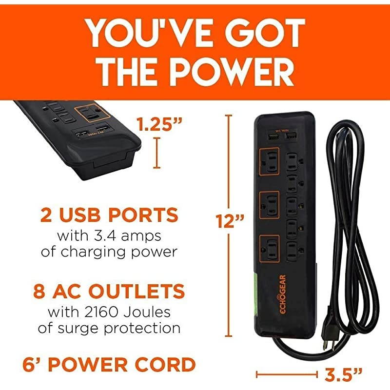 Low Profile Surge Protector Power Strip with 8 Outlets & 2 USB Ports - Best Surge Suppressor with 2160 Joules of Protection - Slim Black Profile is Easy to Store & Wall Mountable