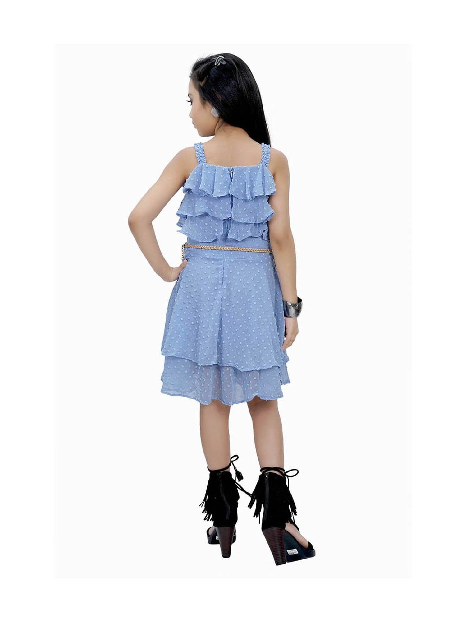 Tiny Girl Blue Self Design Dress, Belt with Brooch