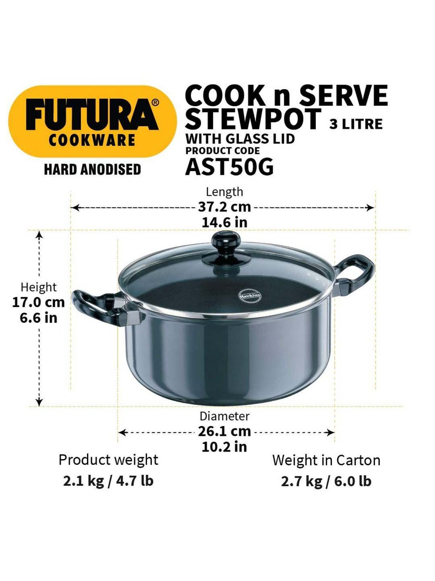 Hawkins Futura Black Hard Anodised 24 cm Cook-n-Serve Stewpot with Glass Lid, 5 L