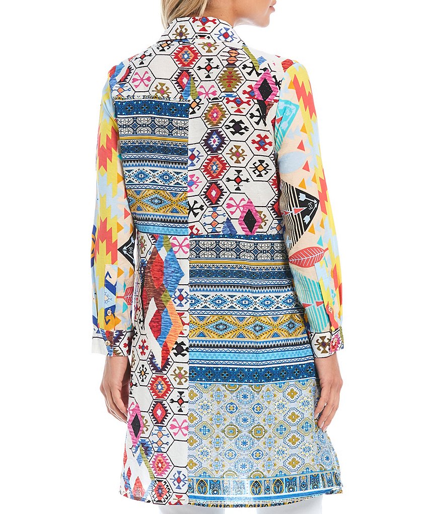 Calessa Southwest Print Long Sleeve Point Collar Duster Tunic
