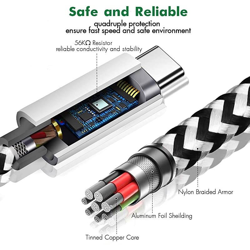 USB Type C Cable, 2Pack Extra Long USB A to USB C Fast Charger Cable 10Ft 6Ft,  Nylon Braided USB C Cord for Samsung Galaxy S10 S9 A10e A20 A21 S8 A51 A01, Note 10 9,LG V60 V50 V40,Google Pixel