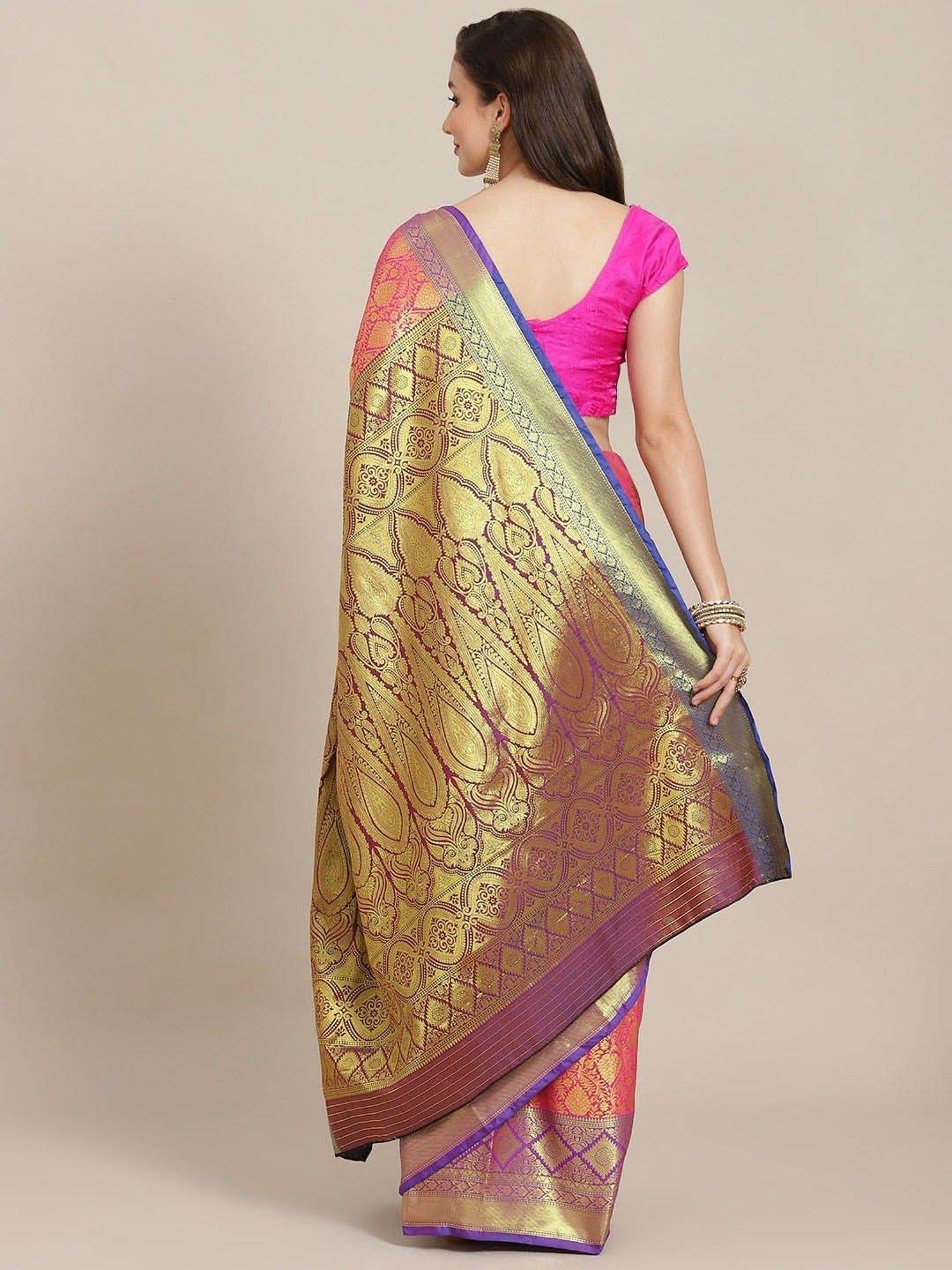 Silk Land Pink Woven Saree With Unstitched Blouse