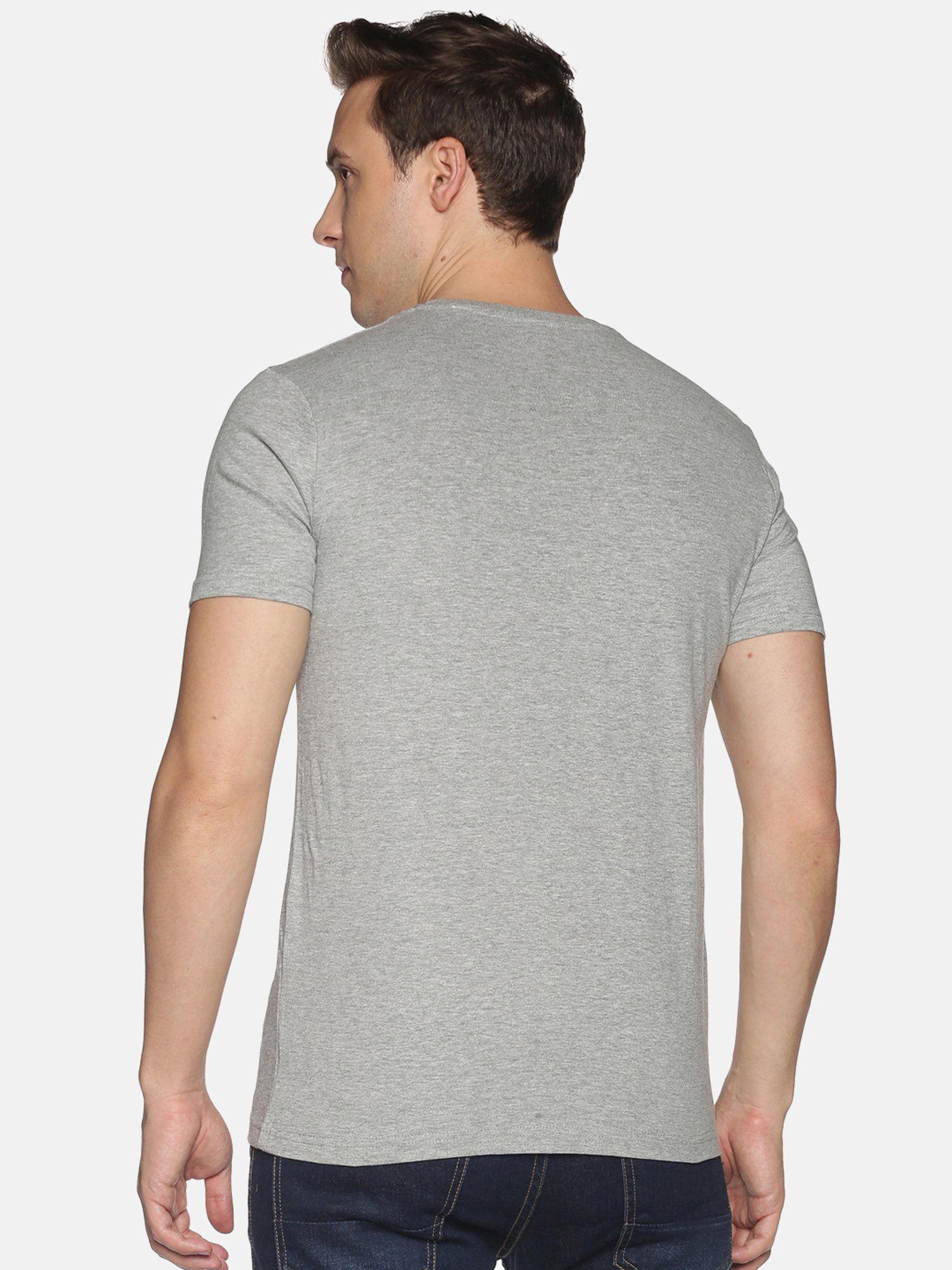 BLACK RADIO Grey Melange Slim Fit Printed Cotton Crew T-Shirt