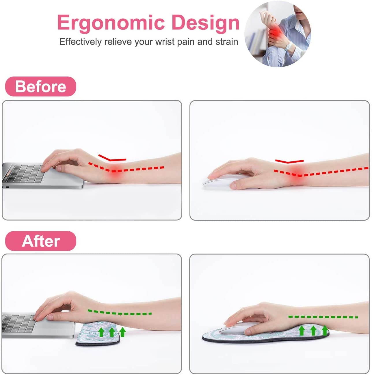 MOSISO Wrist Rest Support for Mouse Pad & Keyboard Set, Ergonomic Mousepad Non-Slip Rubber Base Home/Office Pain Relief & Easy Typing Cushion with Neoprene Cloth & Raised Memory Foam, Mint Mandala