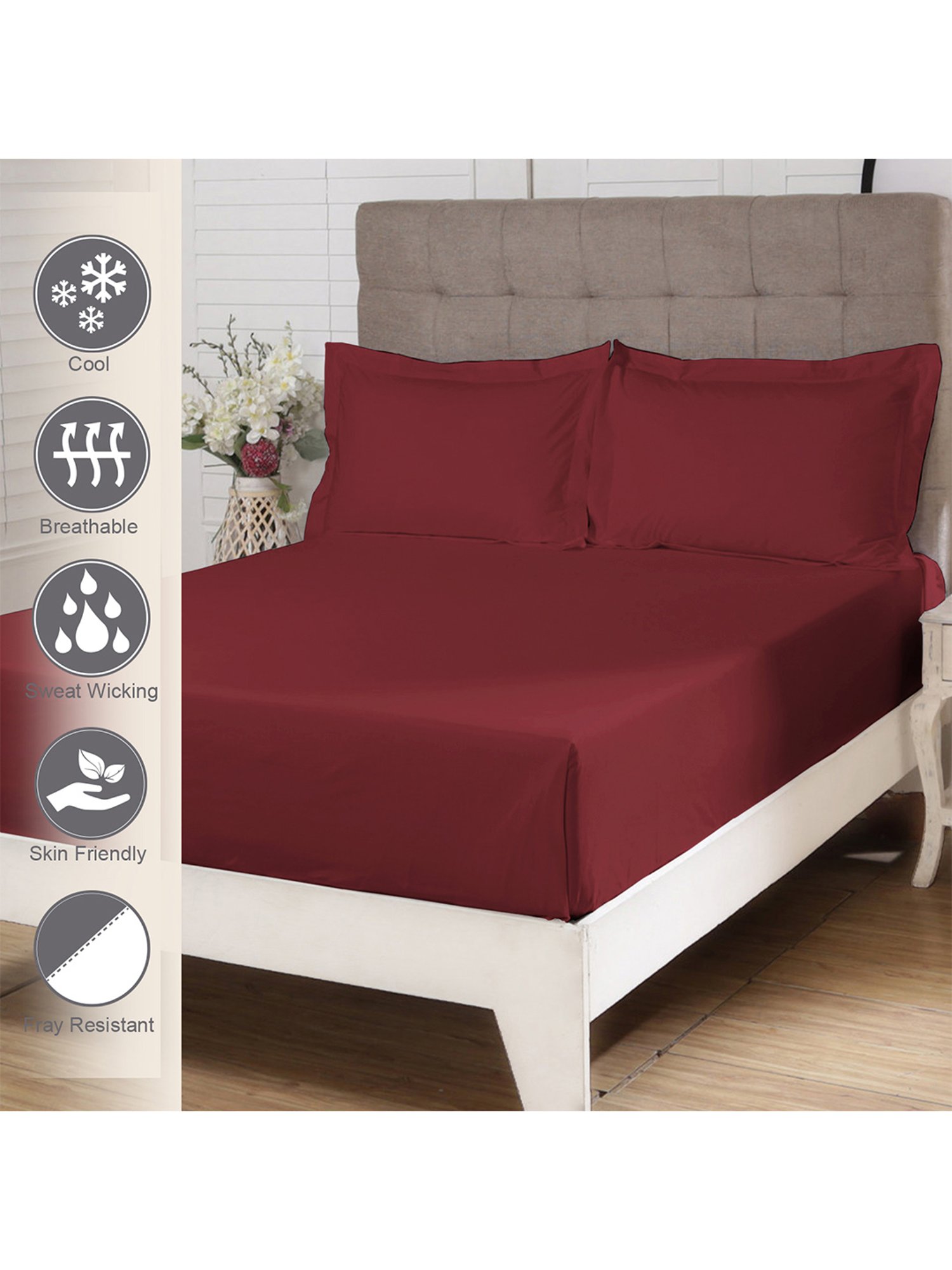 Pizuna Red 400TC Cotton Flat Bed Sheet with 2 Pillow Covers