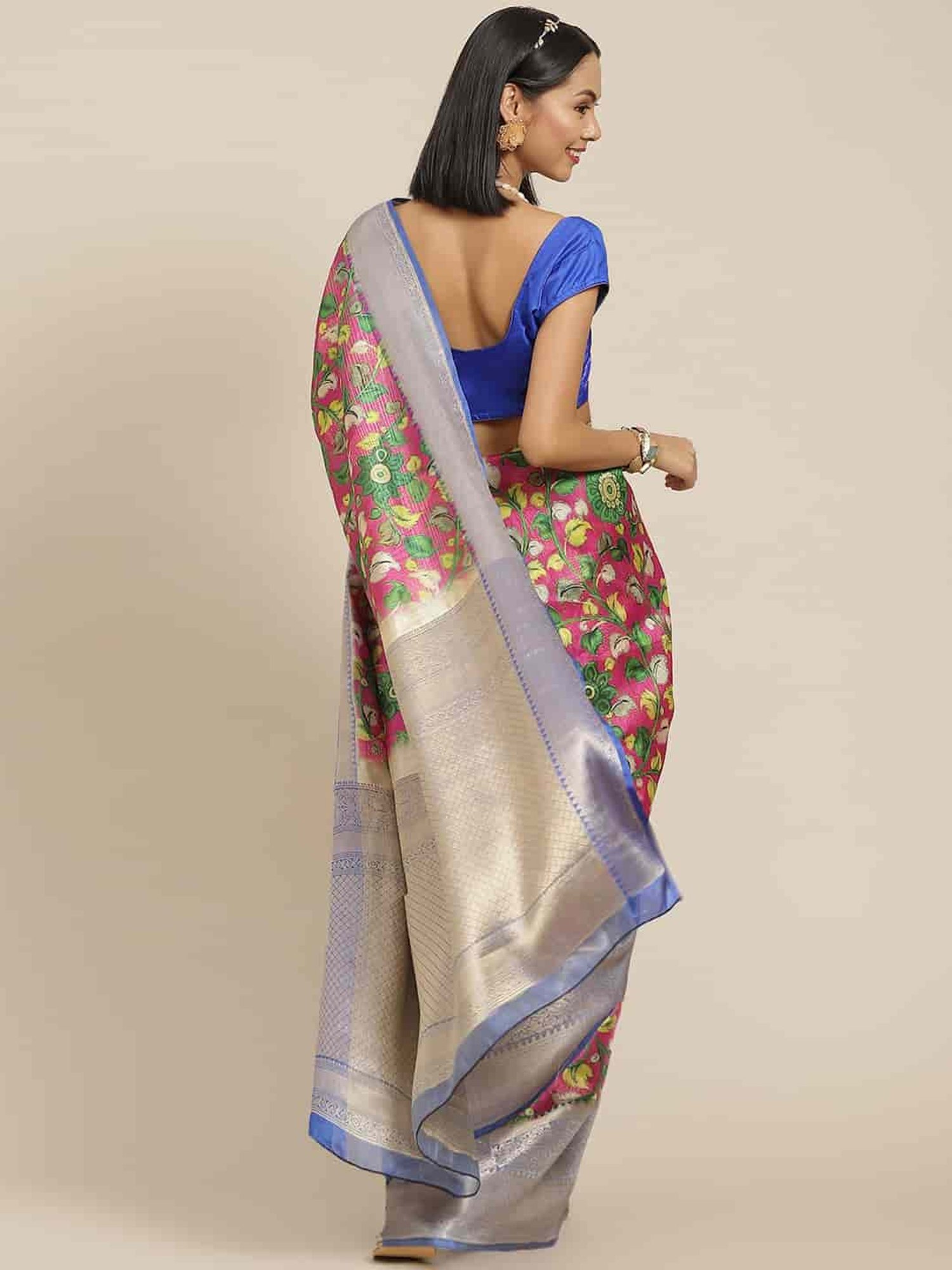 Silk Land Pink & Green Silk Floral Print Saree With Unstitched Blouse
