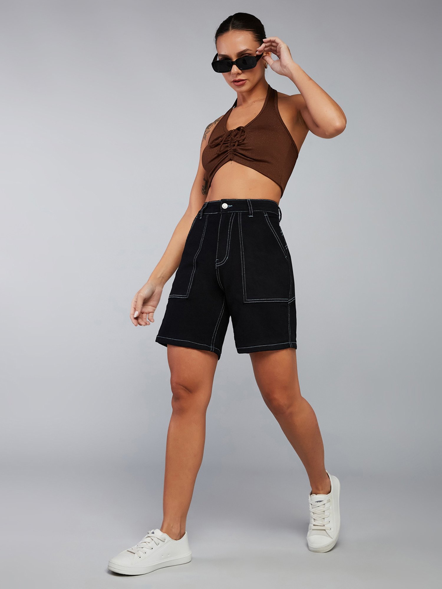 DOLCE CRUDO Black Denim Regular Fit High Rise Shorts