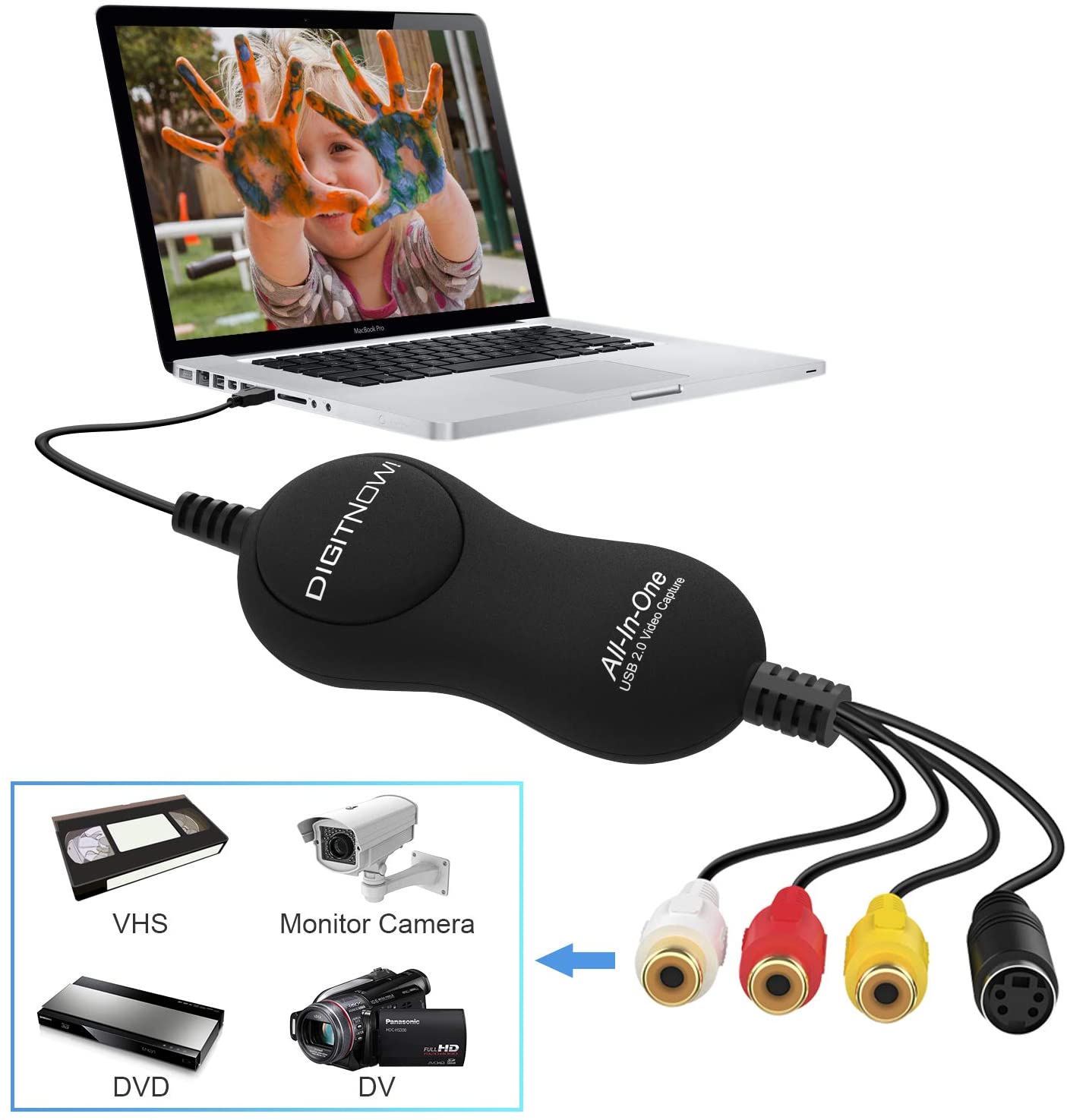 DIGITNOW USB 2.0 Video Capture Card Device Video Grabber One Touch VHS VCR TV to DVD Converter, Transfer VHS Home Videos to Mac OS X PC Windows 7 8 10