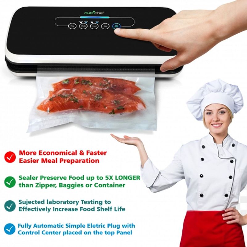 NutriChef PKVS18BK Kitchen Countertop Automatic Food Saver Vacuum Sealer Preserver Machine with 5 Medium and 1 Extra-Long Reusable Bags, Black