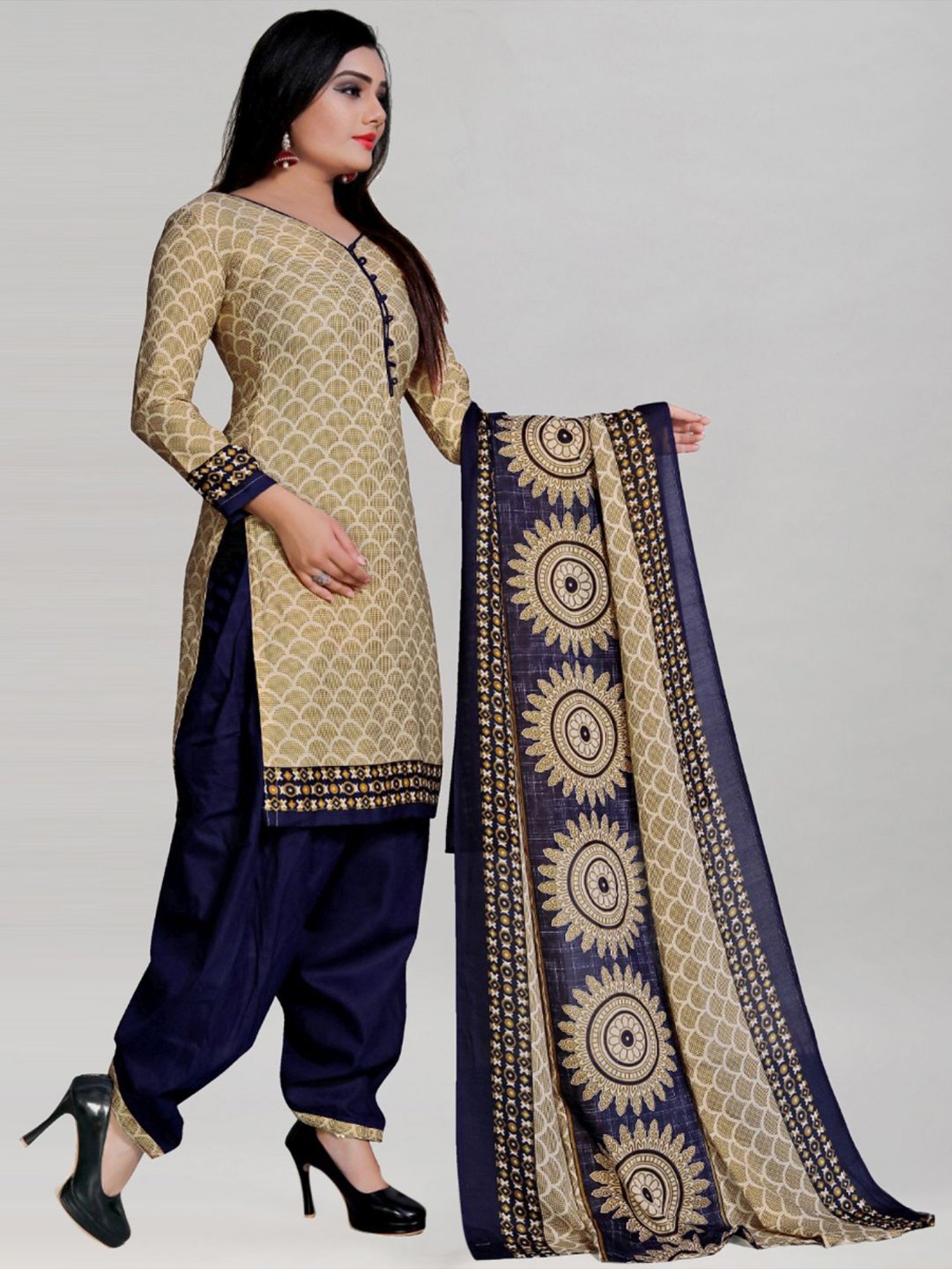 Satrani Beige & Blue Printed Unstitched Poly Cotton Dress Material