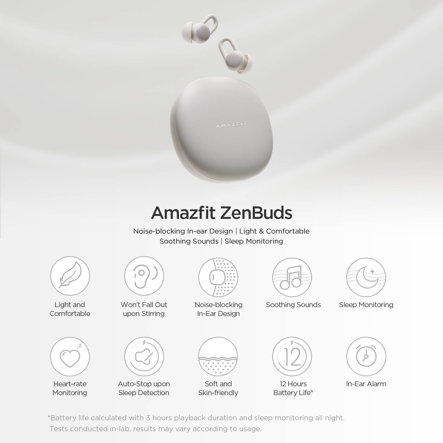 Amazfit Zenbuds Earbuds: 12-Hours Battery Life - Noise Blocking In-Ear Design - Sleep Monitoring - Soothing Sounds - In-Ear Alarm - Light and Comfortable - Sleep Detection, Cloud White
