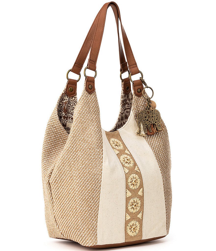 Sakroots Roma Straw Canvas Snap Floral Hobo Tassel Bag