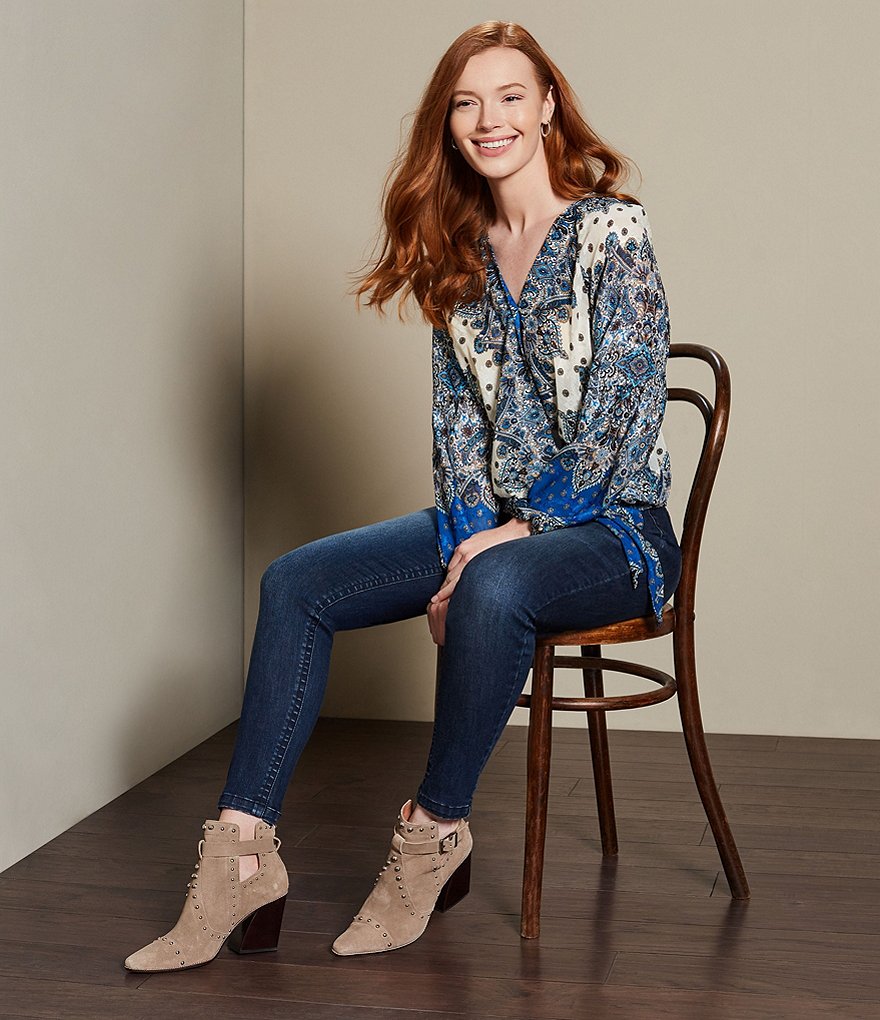 Reba Surplice V-Neck Long Sleeve Smocked Hem Tile Print Faux Wrap Top