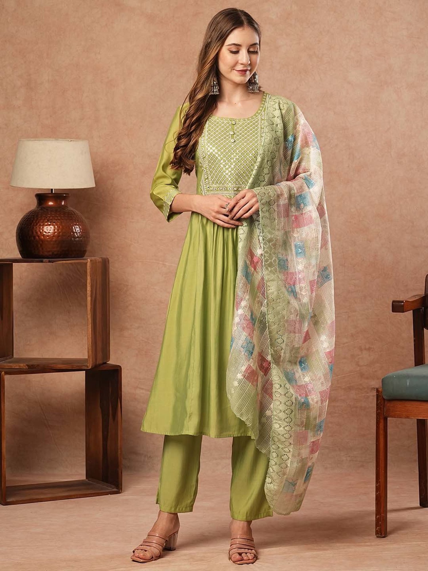 Fashor Green Plain Kurta & Pants Set with Dupatta