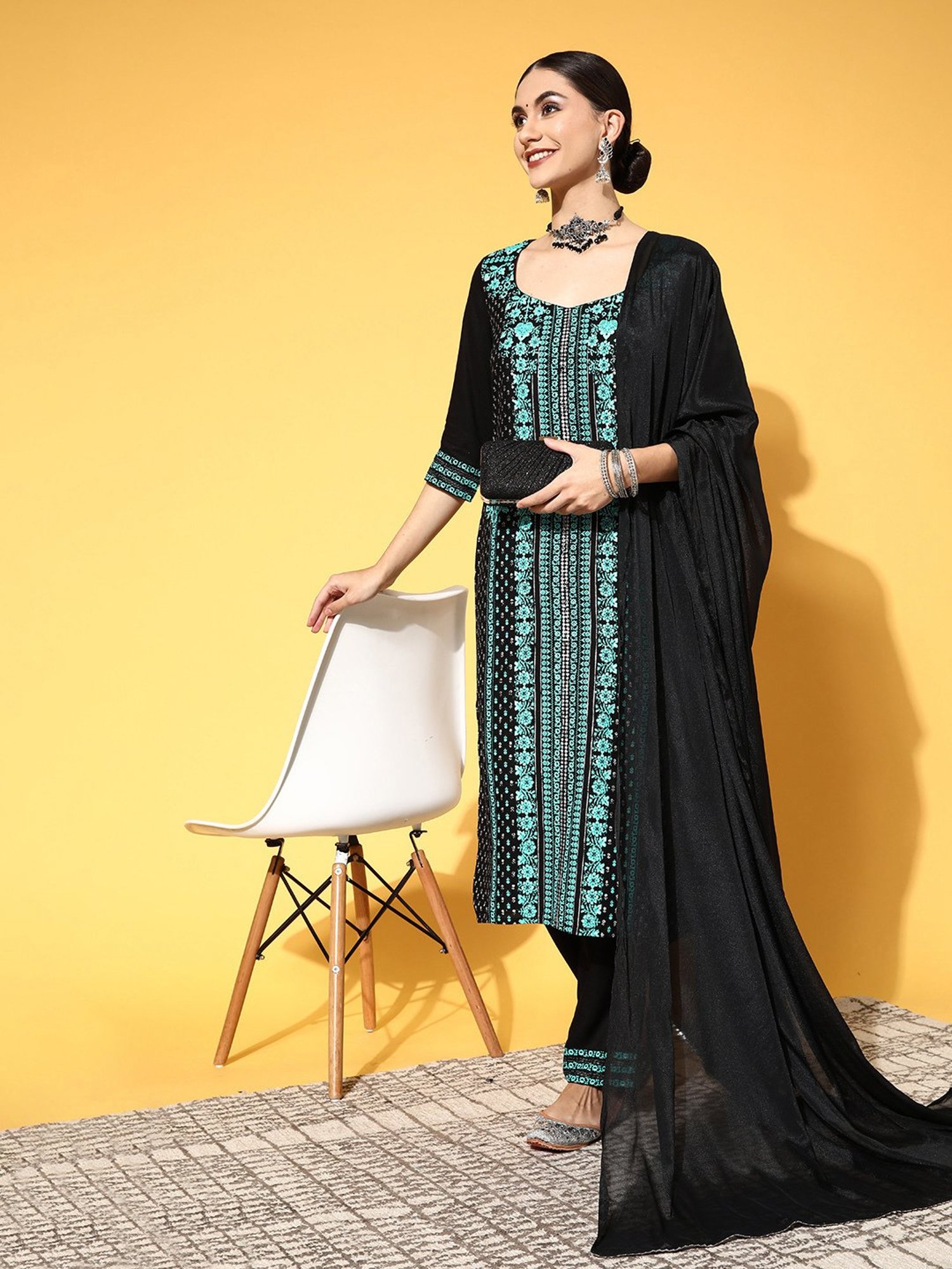 PANIT Black Printed Kurta With Pant & Dupatta Set