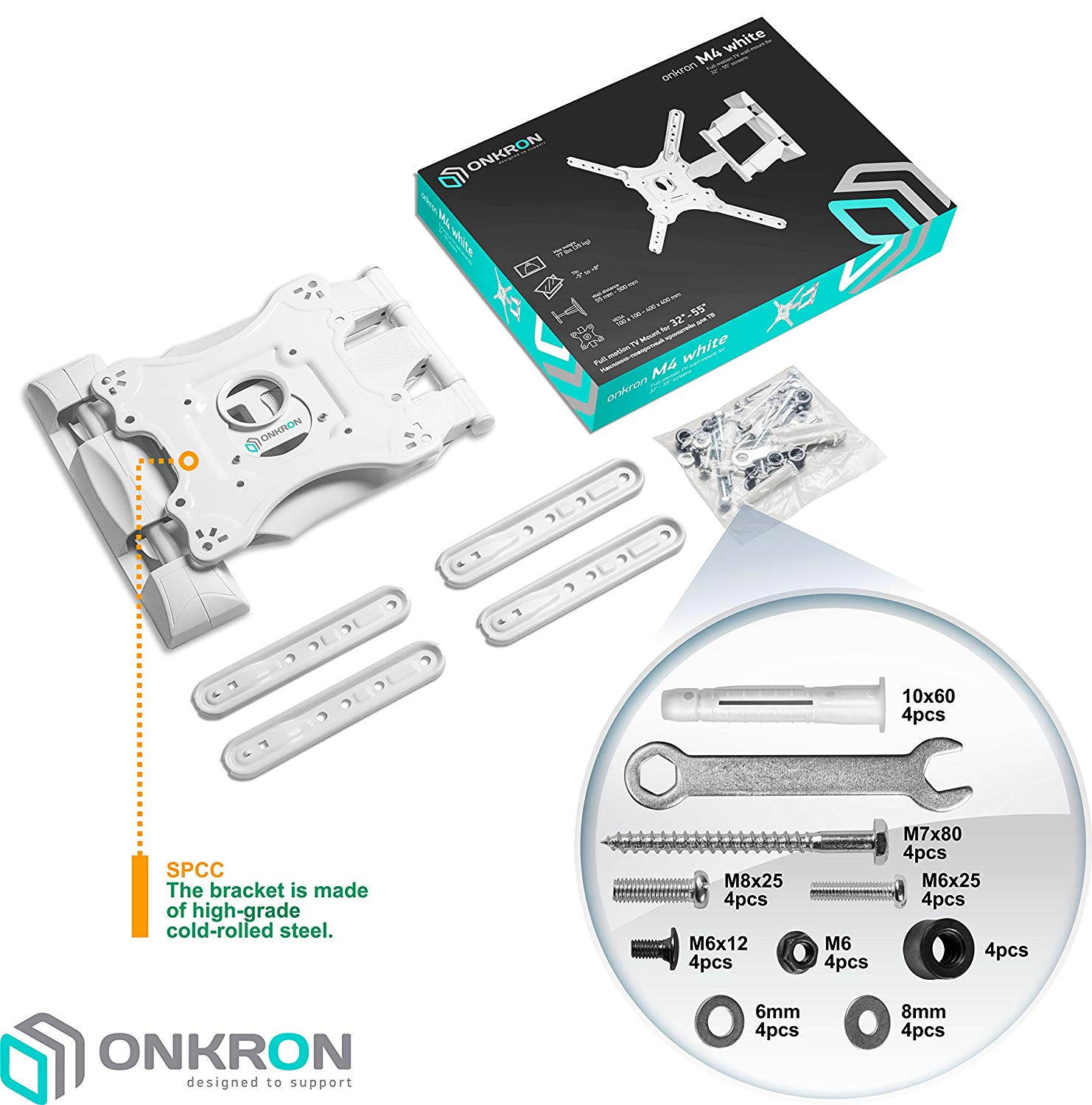 ONKRON TV Wall Mount Bracket Full Motion for 32" to 55-inch LCD LED OLED Flat Screens up to 77 lbs with Extendable Adjustable Swivel Arm White M4