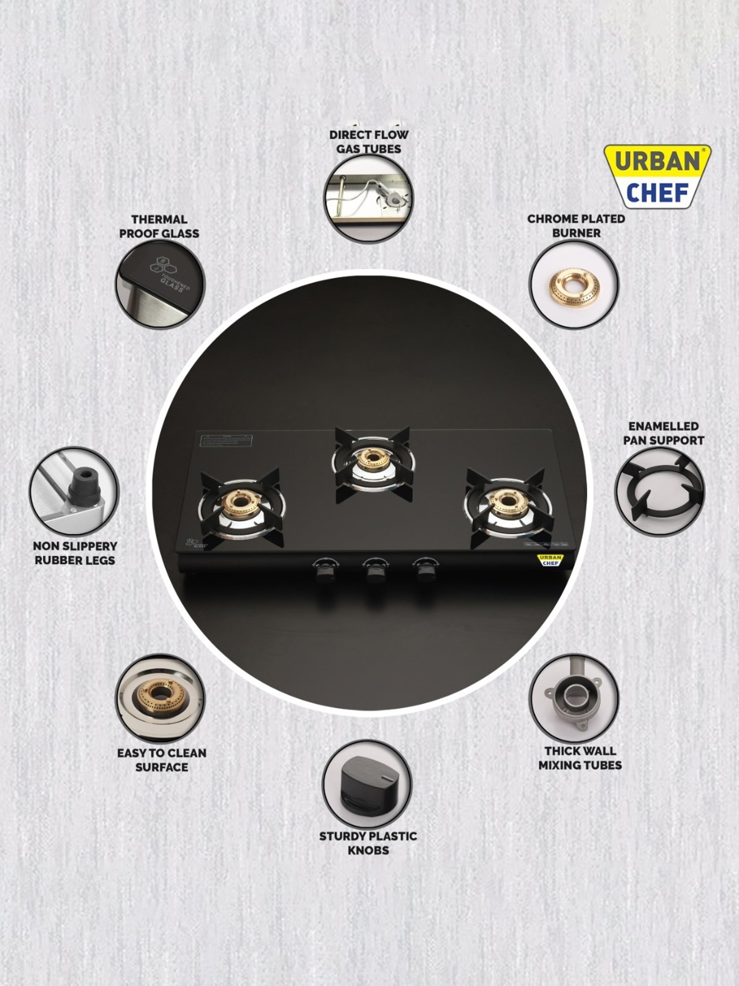 Urban Chef Gas Stove with 3 Burners ( Black )