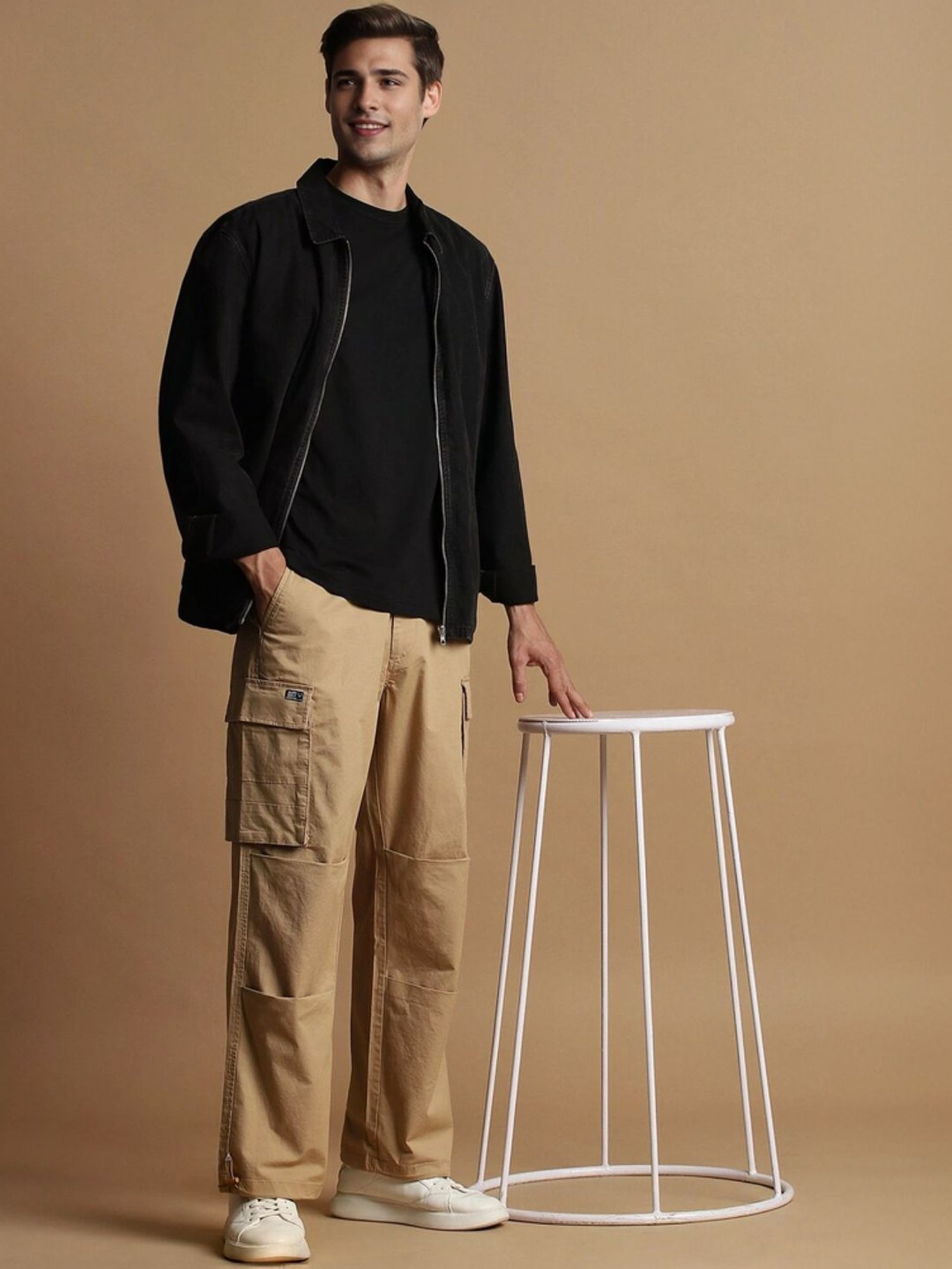 Slowave Beige Regular Fit Flat Front Trousers