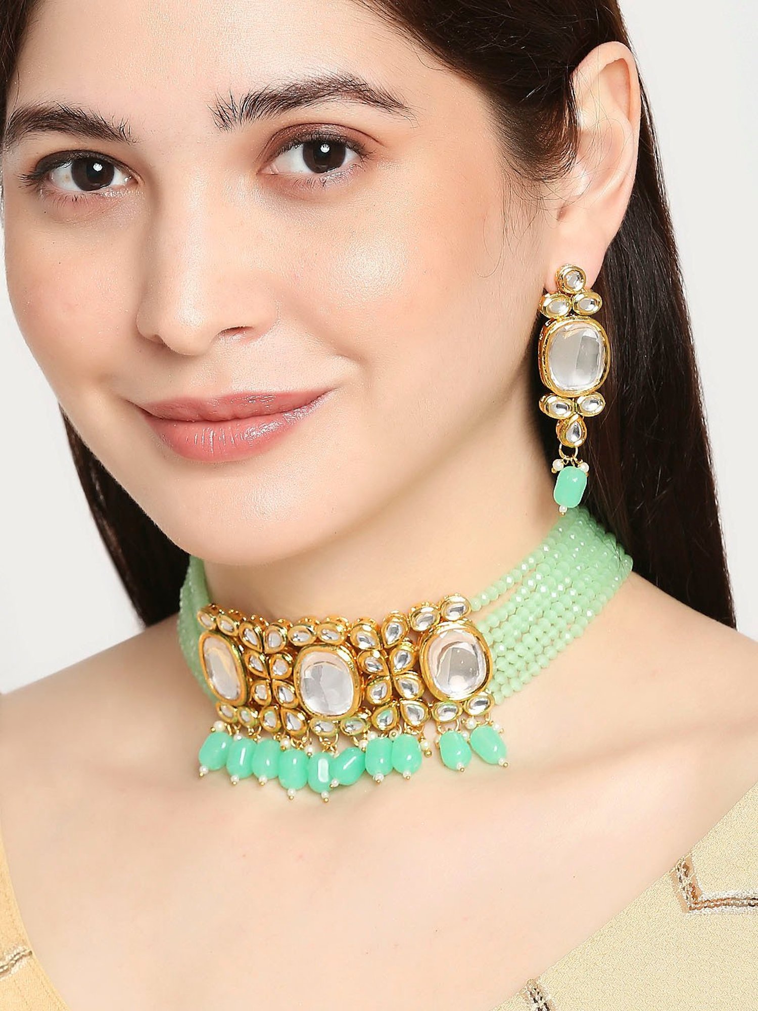 OOMPH Mint Green Beads & Kundan Ethnic Choker Necklace Set with Earrings
