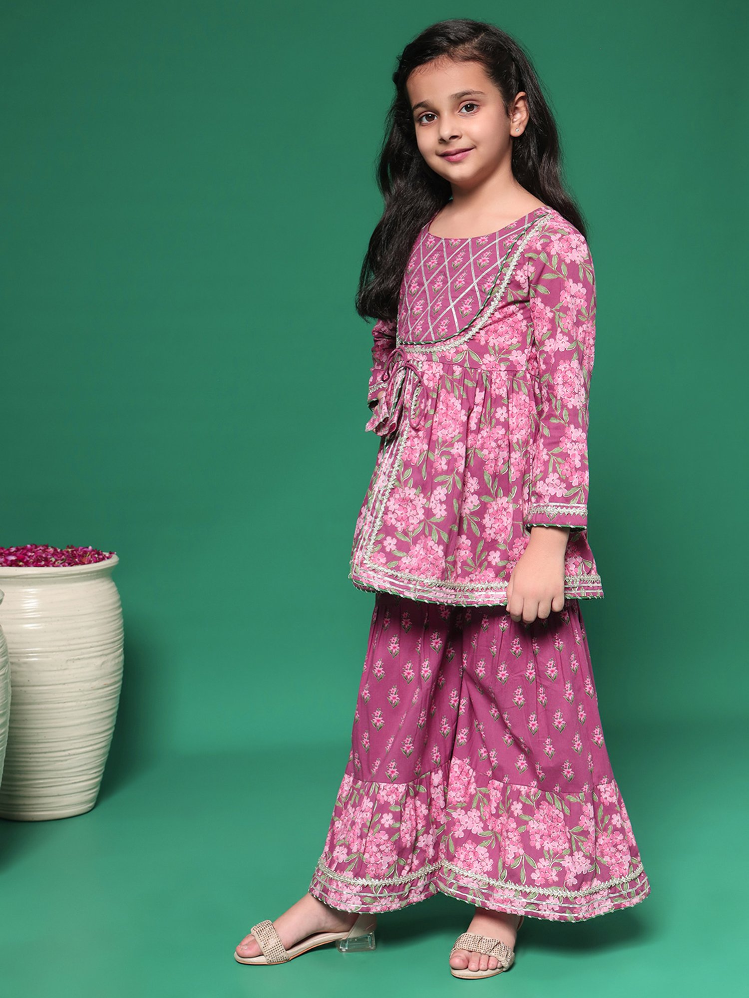 READIPRINT FASHIONS Kids Maroon Floral Print Kurti with Gharara