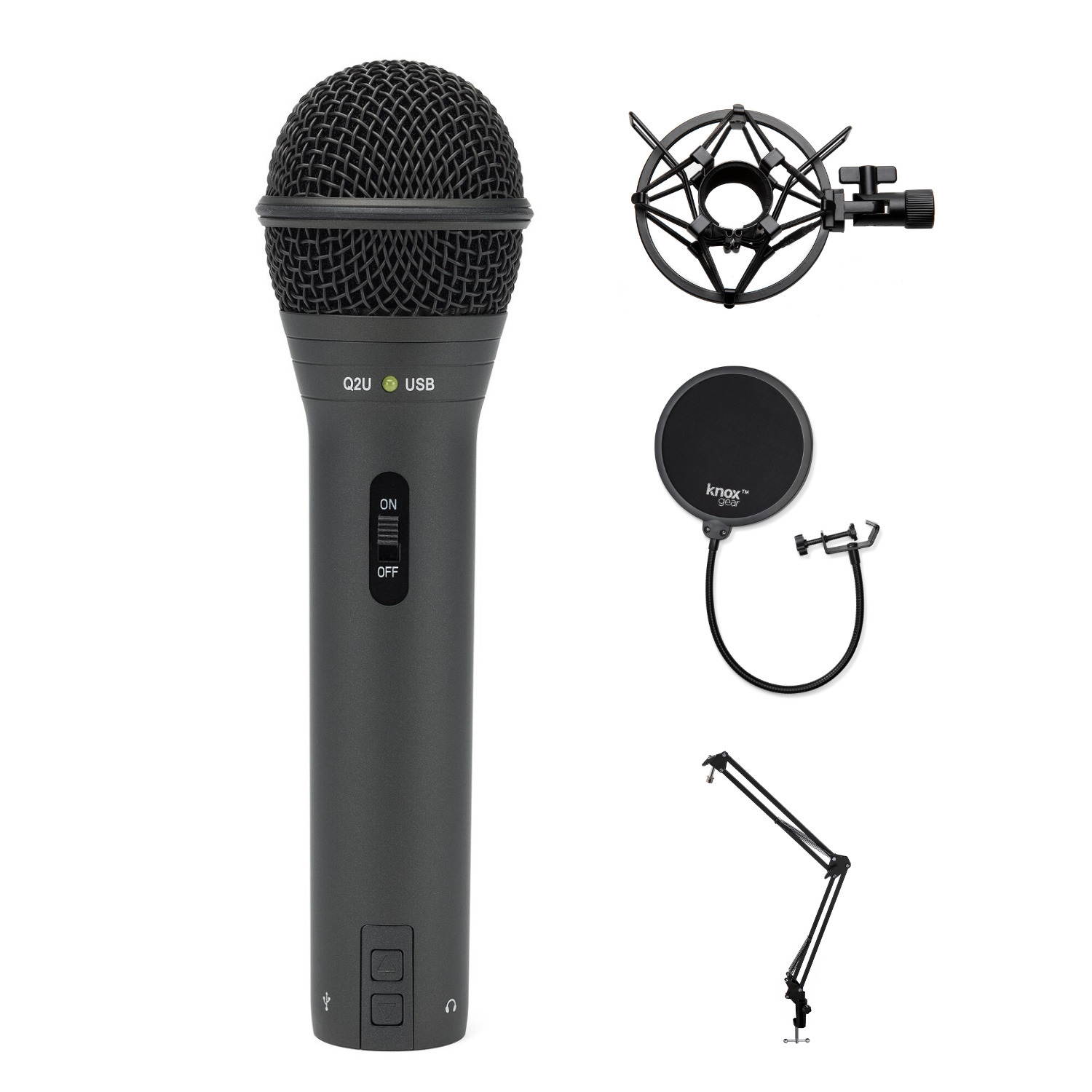 Samson Handheld USB Microphone w/ Knox Gear Boom Arm, Shock Mount, & Pop Filter