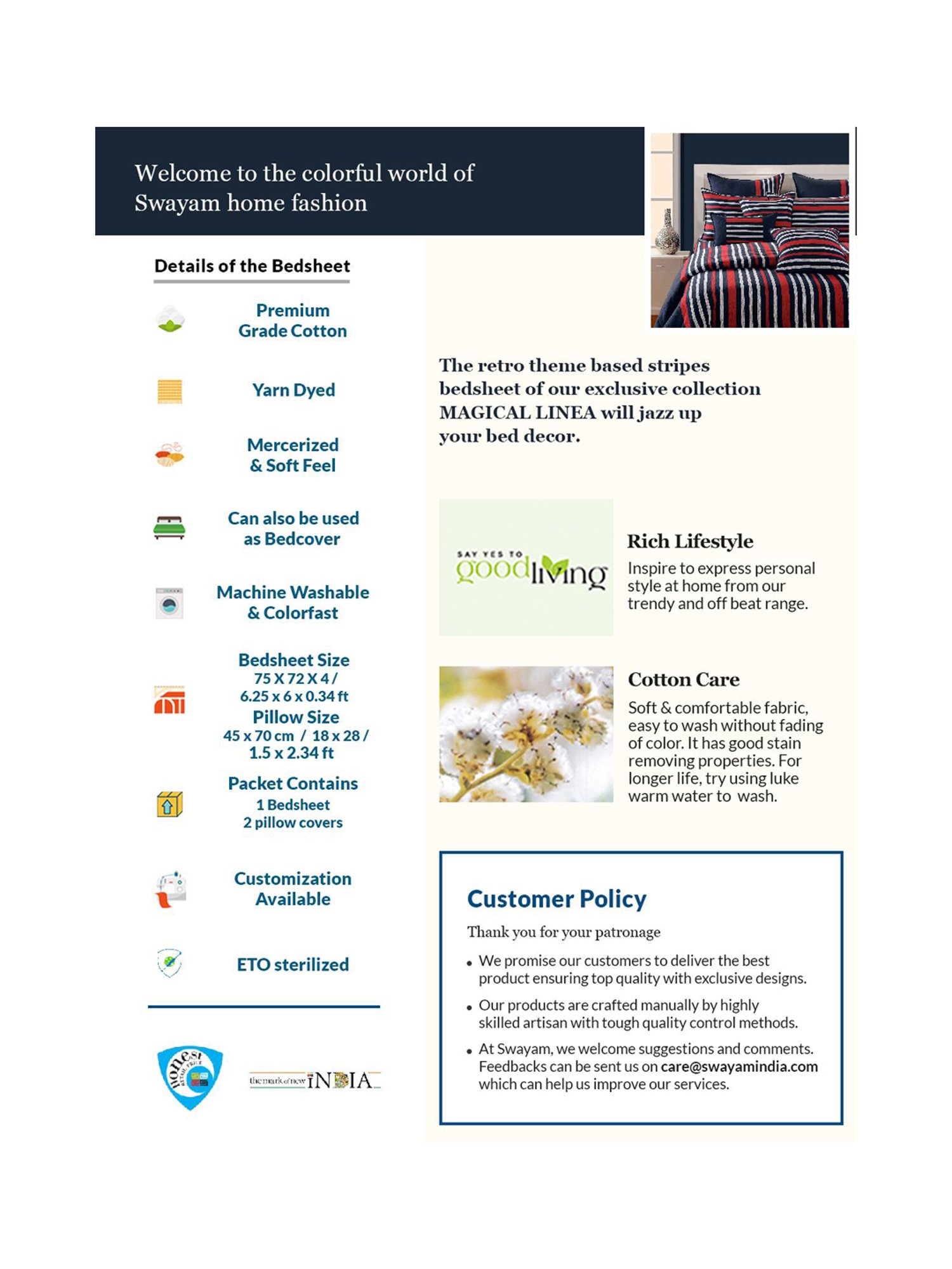 Swayam Stripes Red & Navy 180 TC Cotton King Bedsheet with 2 Pillow Covers