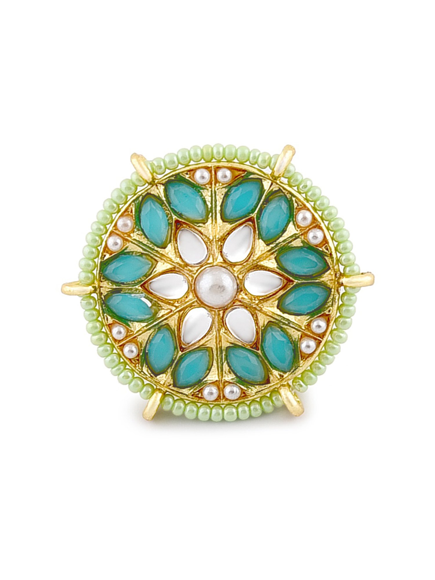 Zaveri Pearls Turquoise Blue & Green Beads Kundan Pearls Choker Necklace Earring Ring Set-ZPFK11070