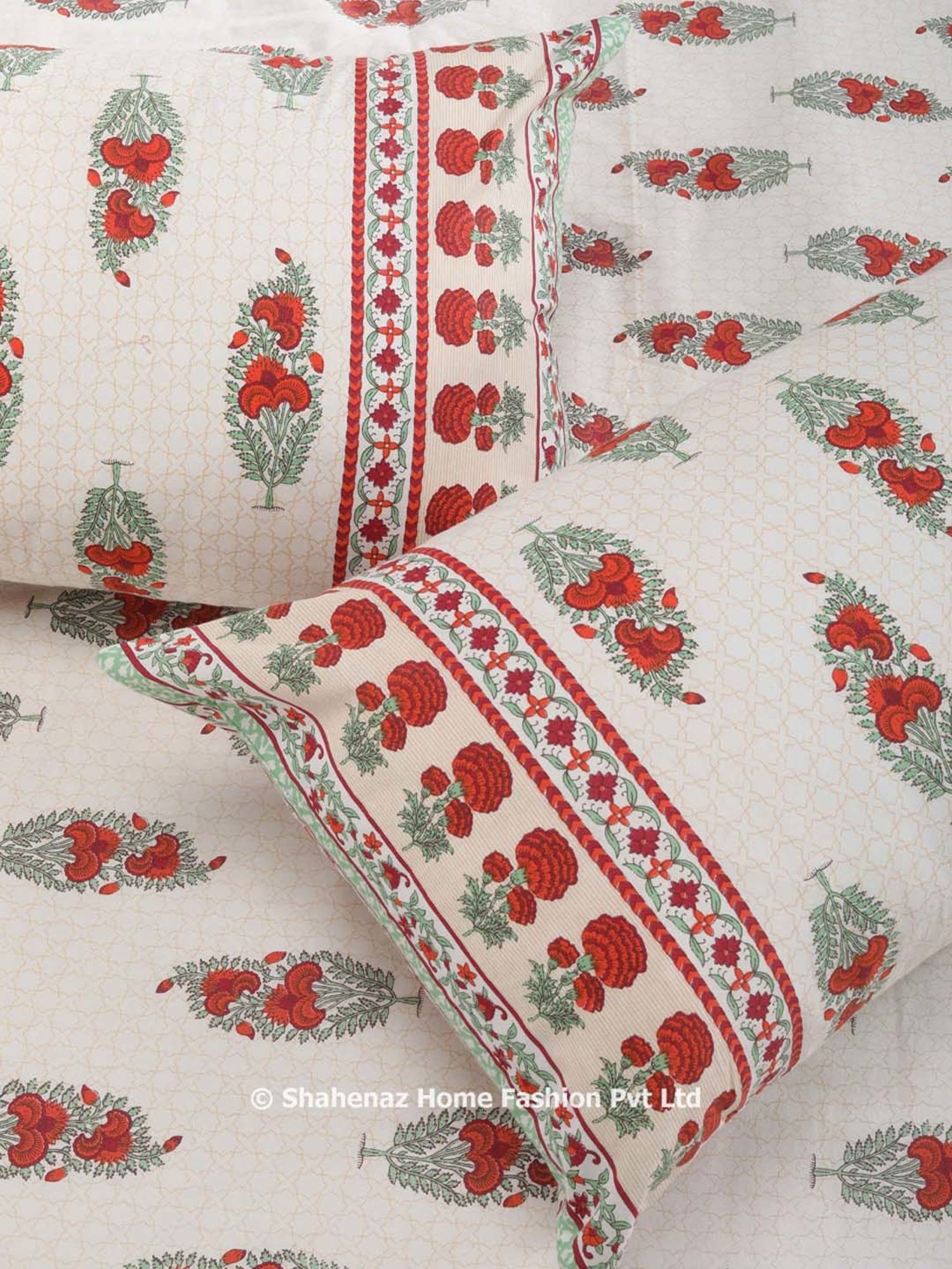 Shahenaz Green 120 TC Cotton Zainab Booti Double Bedsheet with 2 Pillow Covers