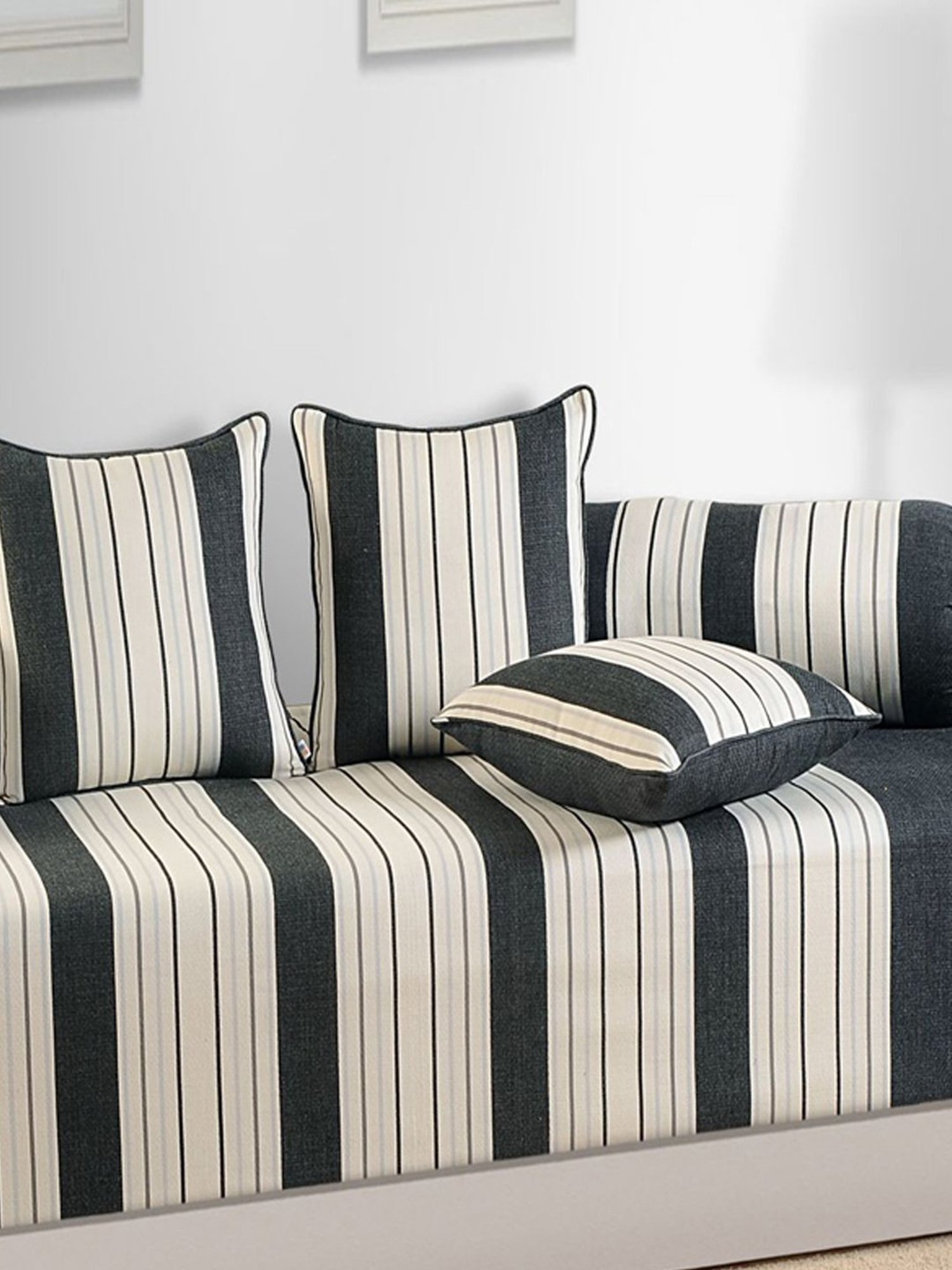 Living Roots Printed Grey 300 TC Cotton Single Diwan - Set of 8