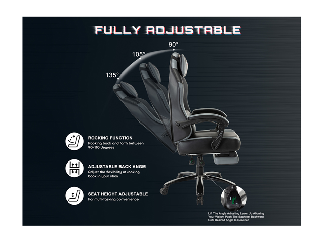 STRASPACE Big & Tall 400lb Memory Foam Reclining Gaming Chair Metal Base - Adjustable Back Angle and Retractable Footrest Ergonomic High-Back Leather Racing Executive Computer Desk Office Chair, Blue