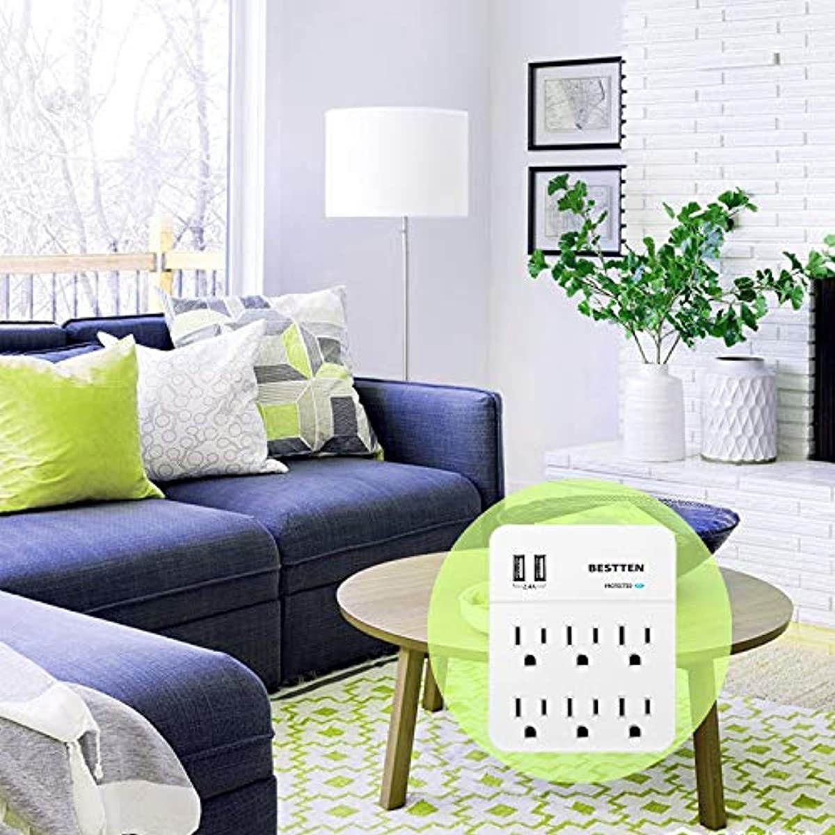 BESTTEN Wall Outlet Surge Protector with Dual USB Charging Ports (5V/2.4A) and 6 AC Outlets, 900 Joules, 15A/125V/1875W, ETL Listed, White