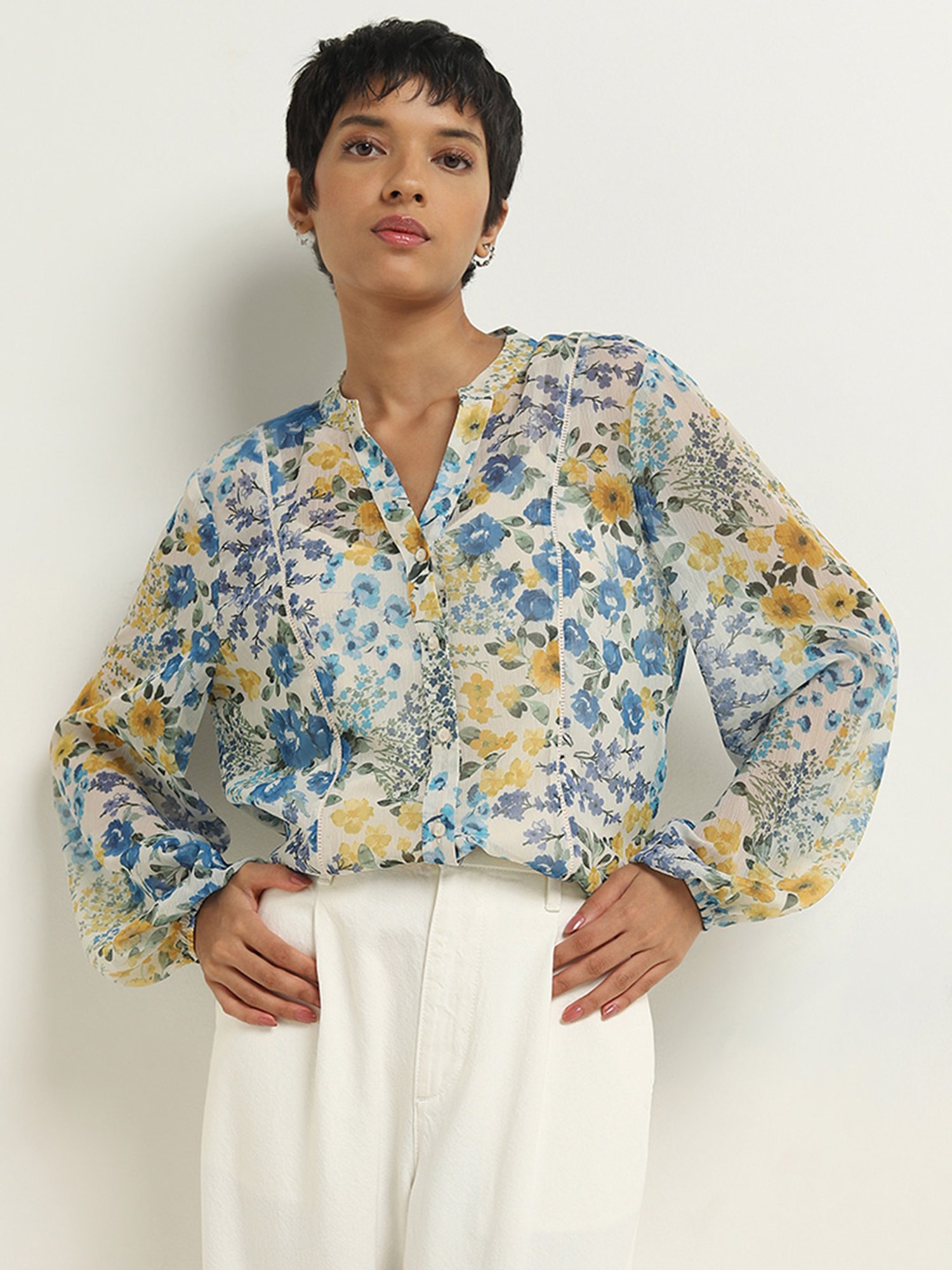 LOV by Westside Off-White Floral Printed Blouse With Camisole