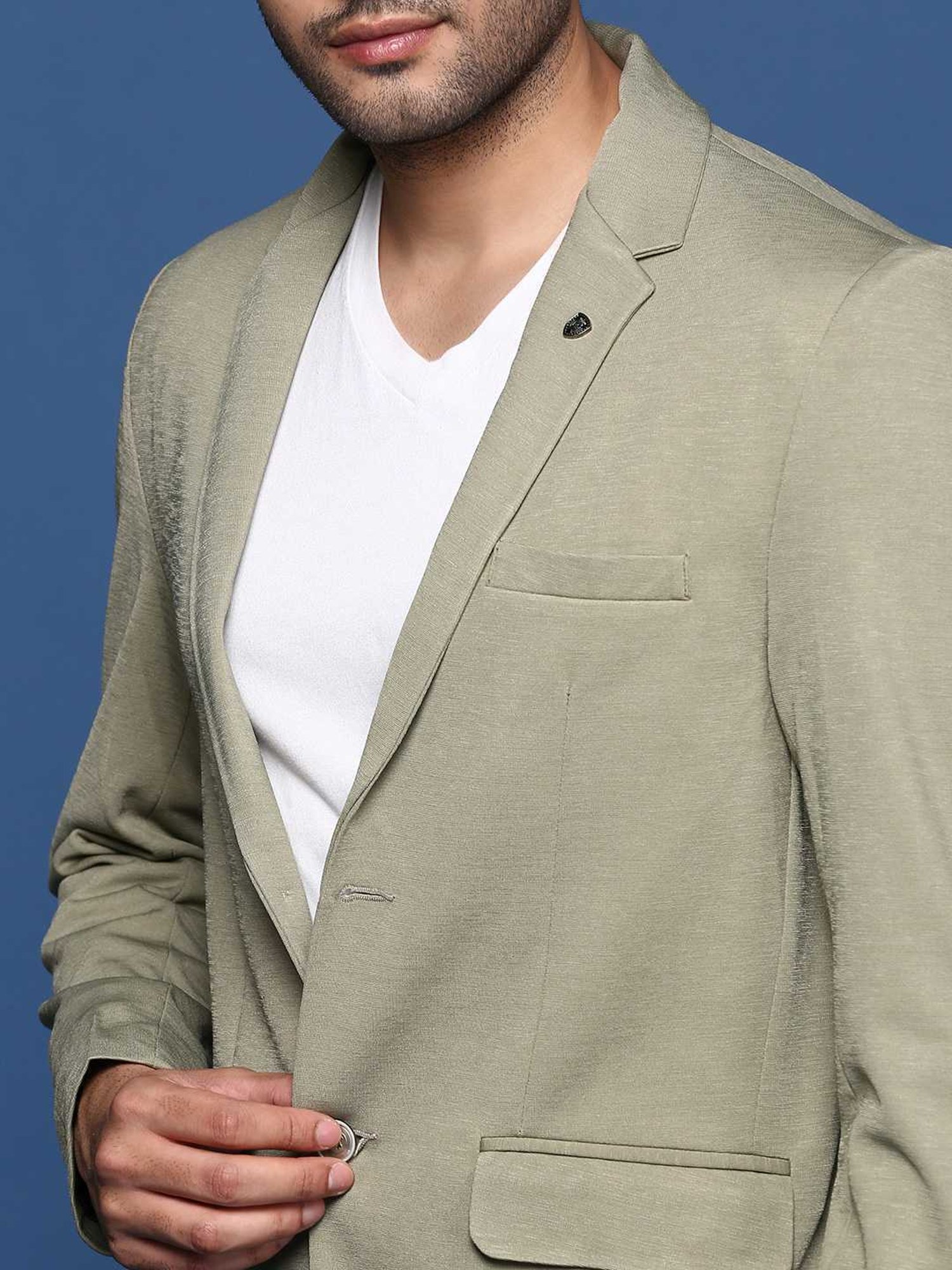 Showoff Pista Green Cotton Slim Fit Blazer