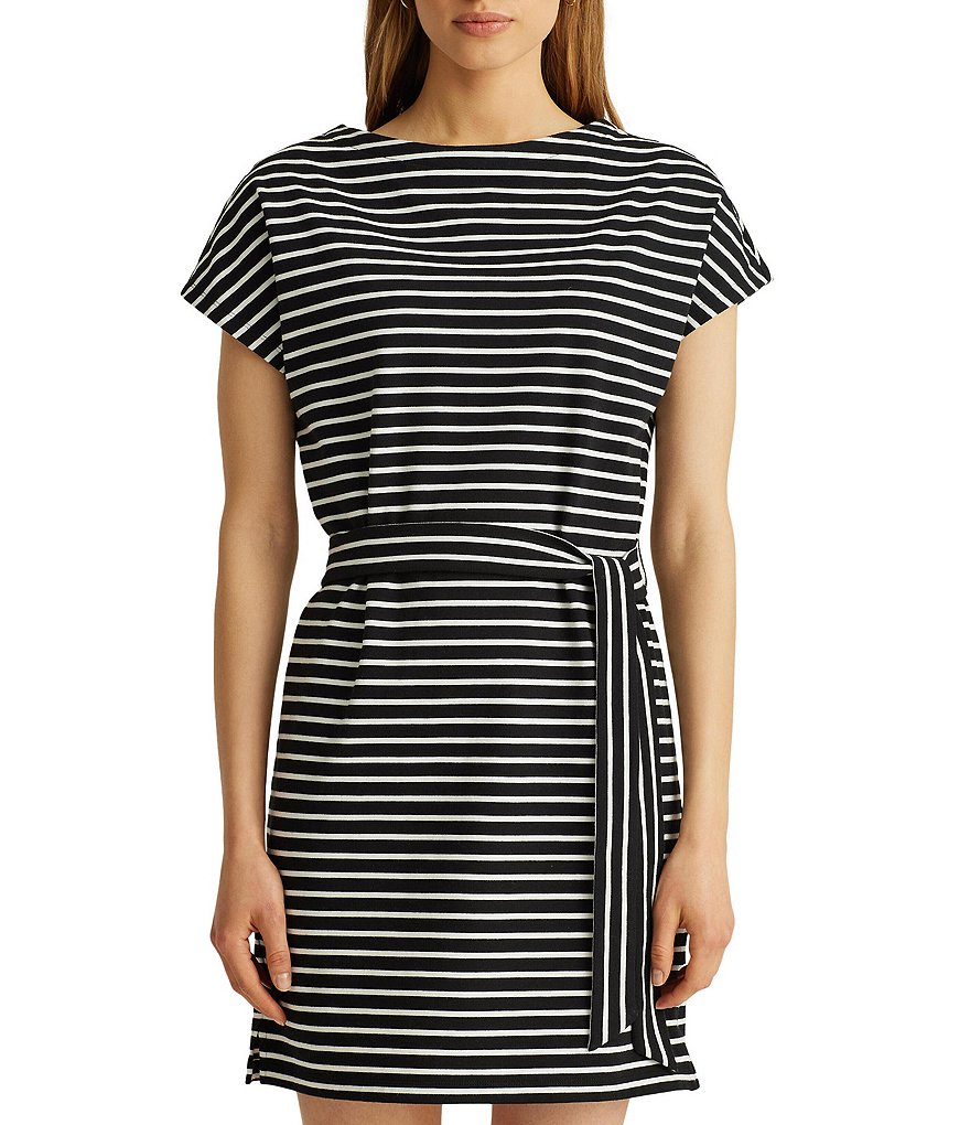 Lauren Ralph Lauren Petite Size Striped Cotton Jersey Boat Neckline Sash Short Sleeve Belted Dress