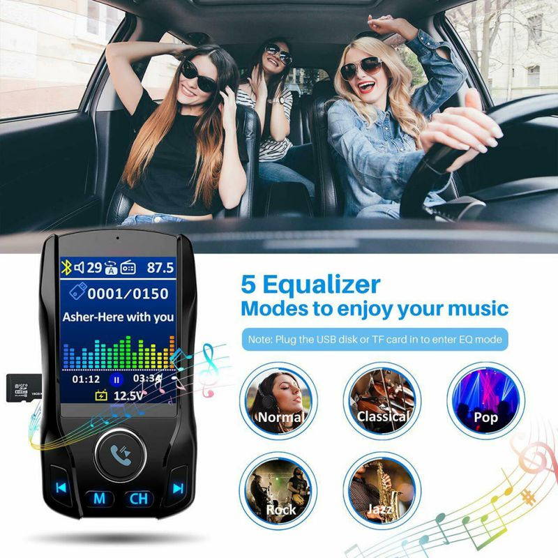 Brightup Car Bluetooth Transmitter, Strong Microphone Bluetooth Car Radio Adapter with 1.8" Color Screen for Hands Free Calls, Supports QC3.0 Charging, Treble and Bass Sound Music Player