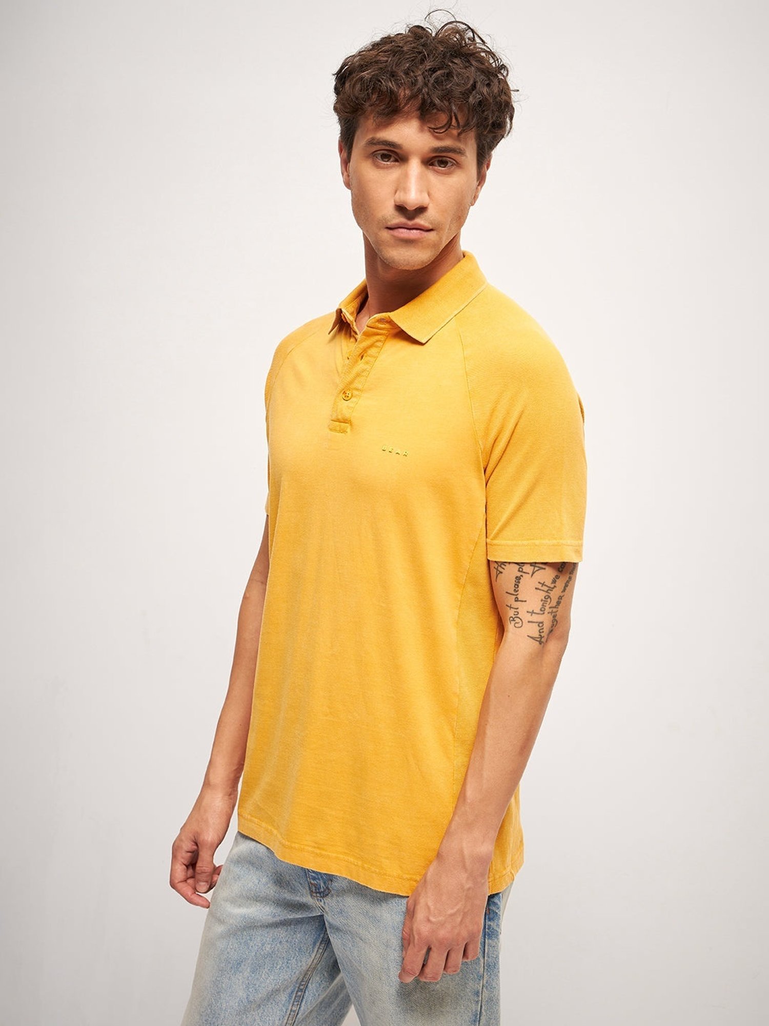 The Bear House Yellow Cotton Regular Fit Self Pattern Polo T-Shirt