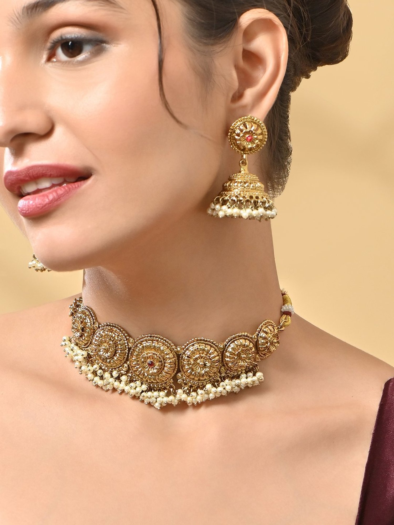Fida Mehendi Gold Temple Necklace & Earrings Set for Women