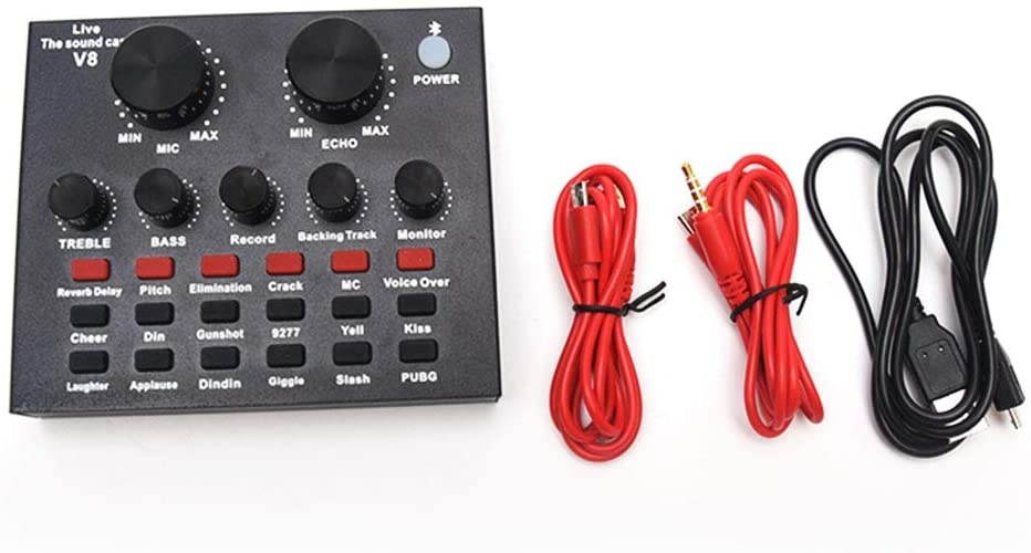 V8 Live Sound Card, Karaoke Sound Mixer Recording Sound Card USB Audio Interface Intelligent Volume Adjustable Audio Mixer Sound Card with Multiple Funny Sound Effect
