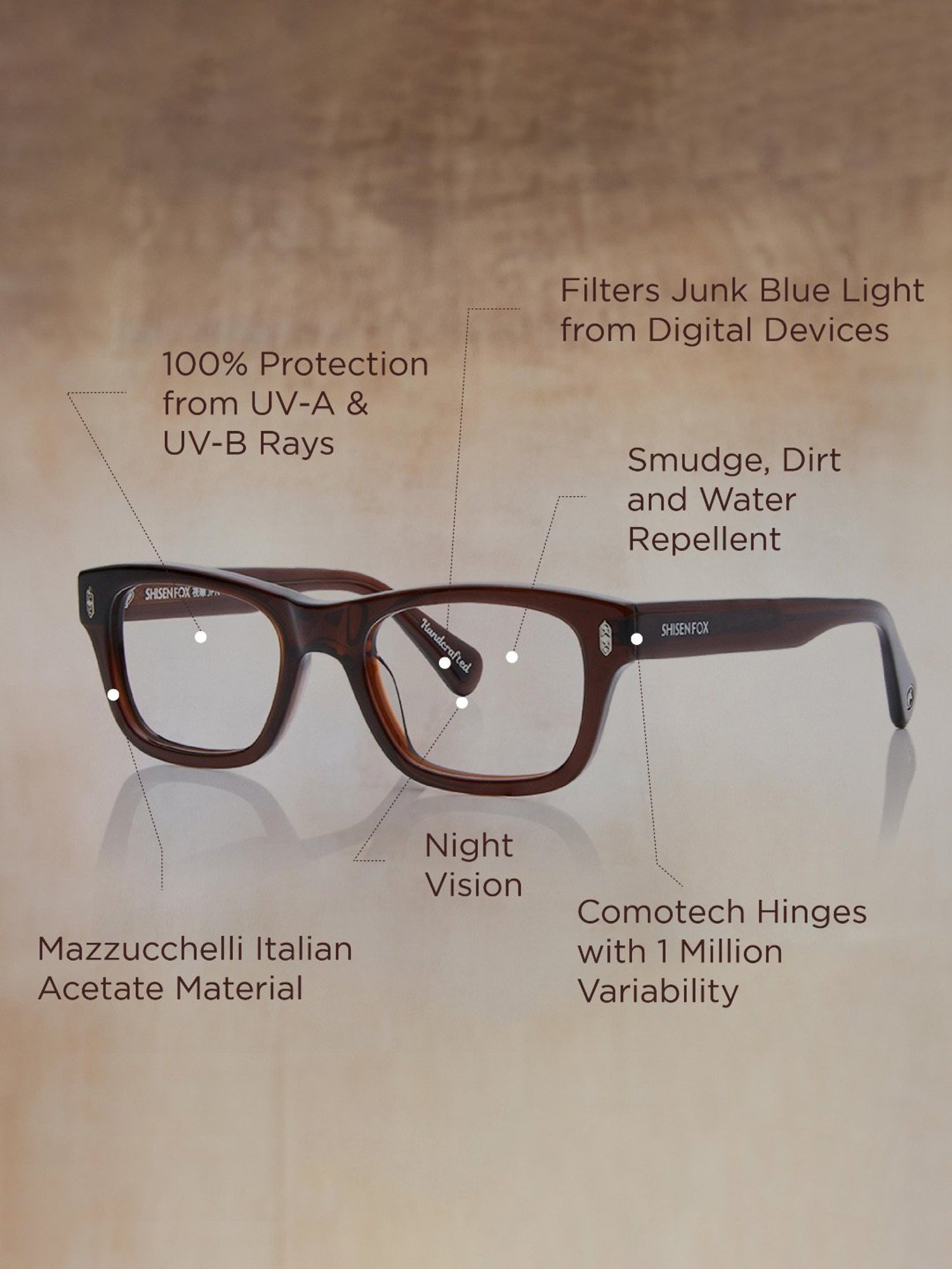 Shisen Fox Gazo Honey Rectangular Unisex Blue Filter Computer Lenses -52 mm