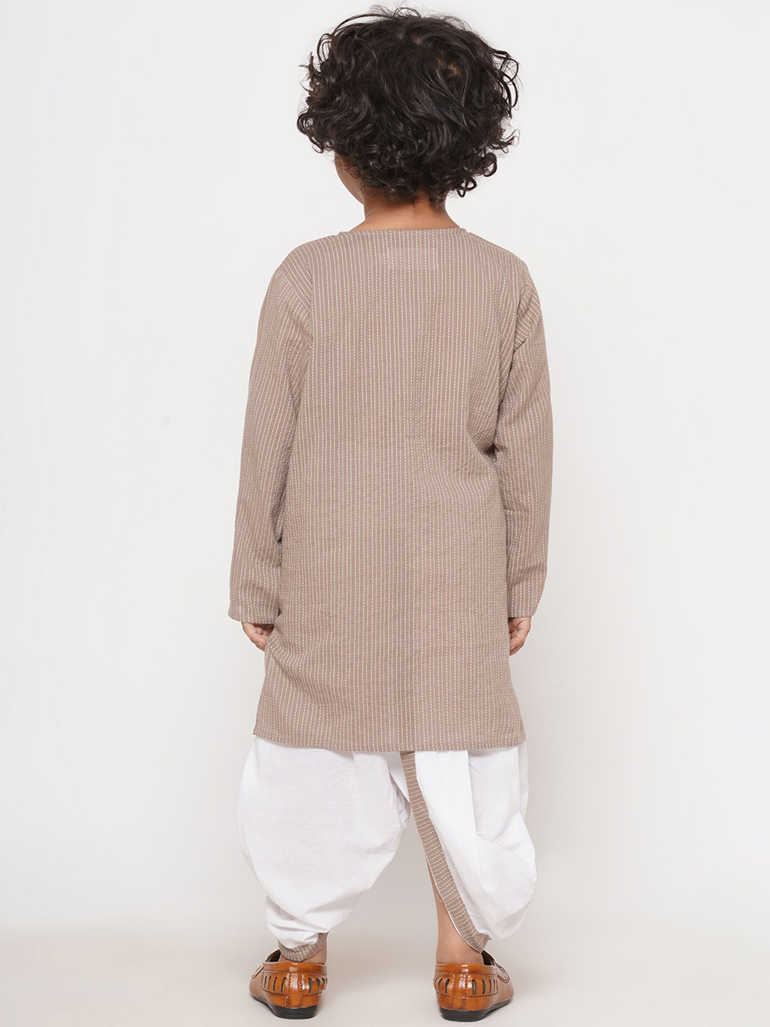 Little Bansi Kids Light Brown & White Striped Full Sleeves Kurta with Dhoti