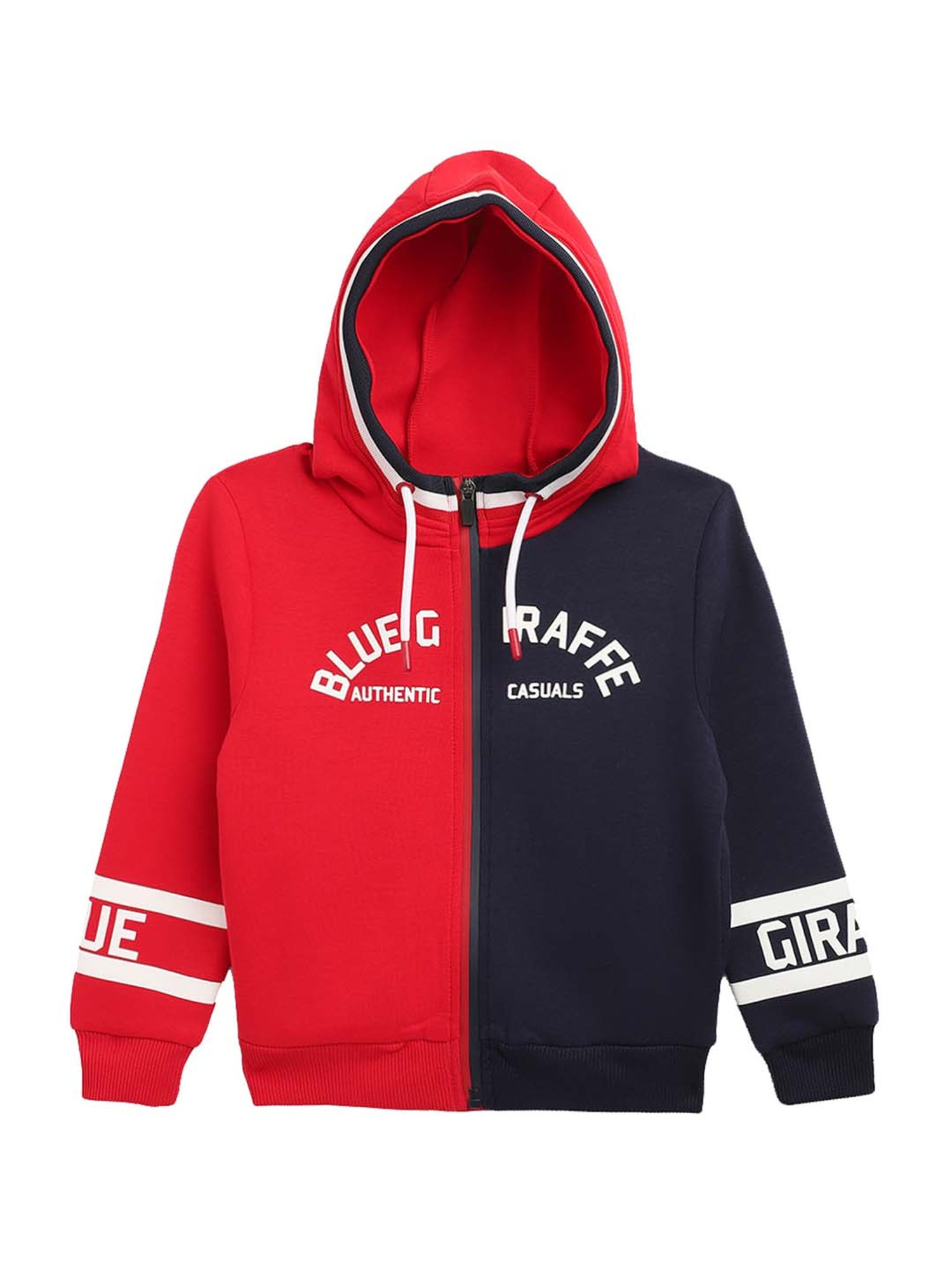 Blue Giraffe Kids Red Cotton Color Block Pattern Hoodie