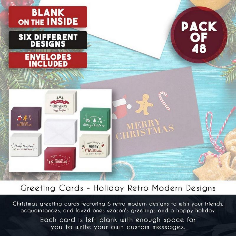 48-Pack Merry Christmas Greeting Cards Bulk Box Set - Winter Holiday Xmas Greeting Cards with Retro Modern Designs, Envelopes Included, 4 x 6 inches
