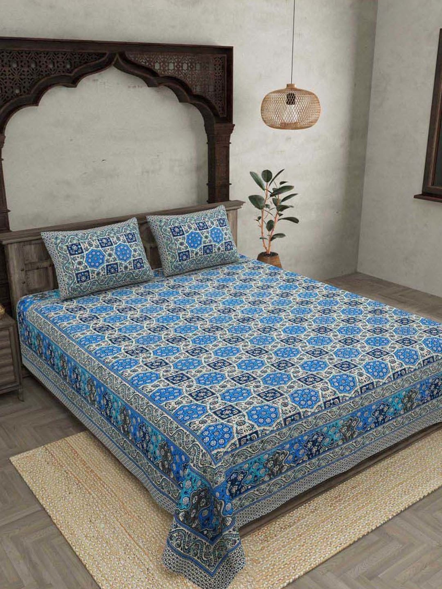 JaipurFabric Denim Blue Cotton 180 TC Double Bedsheet with 2 Pillow Covers