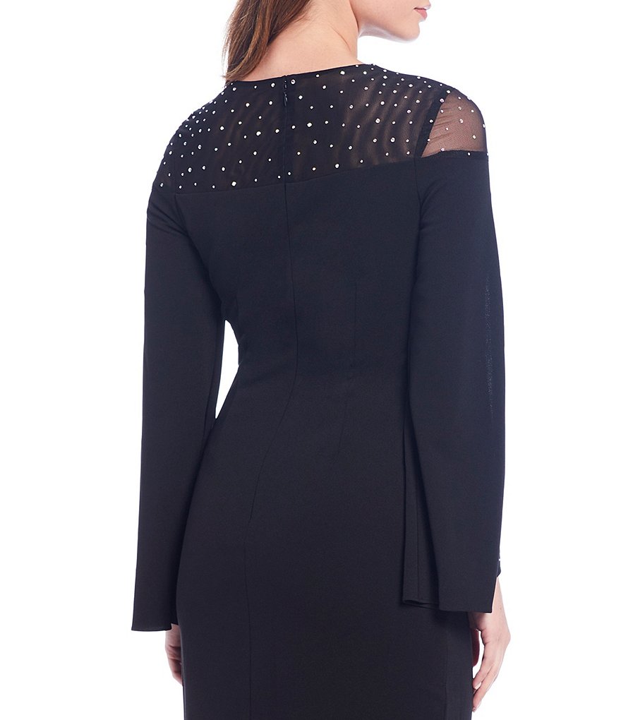 Betsy & Adam Illusion Crystal Jewel Neck Long Sleeve Stretch Sheath Dress
