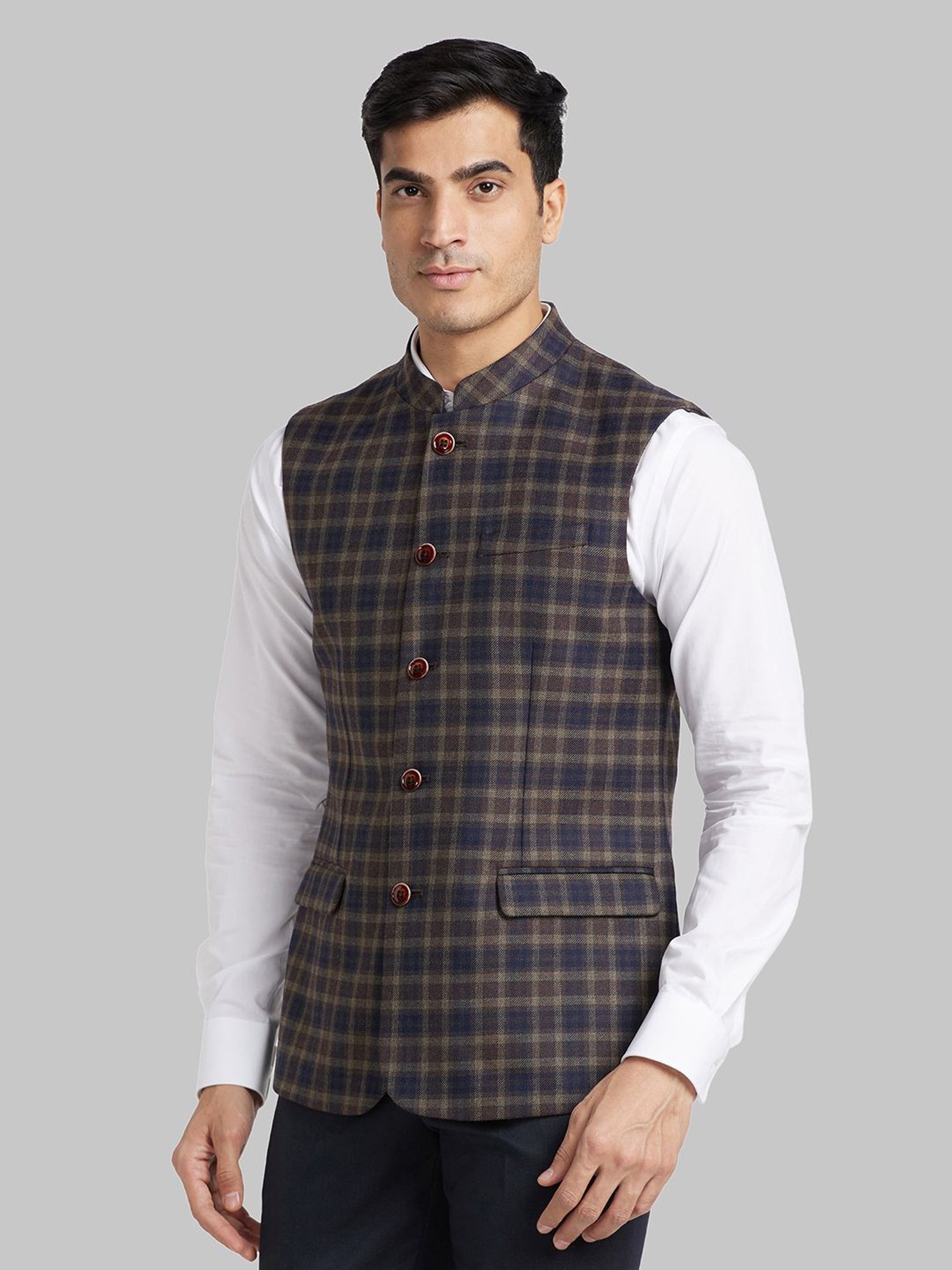 Park Avenue Brown & Blue Slim Fit Checks Nehru Jacket