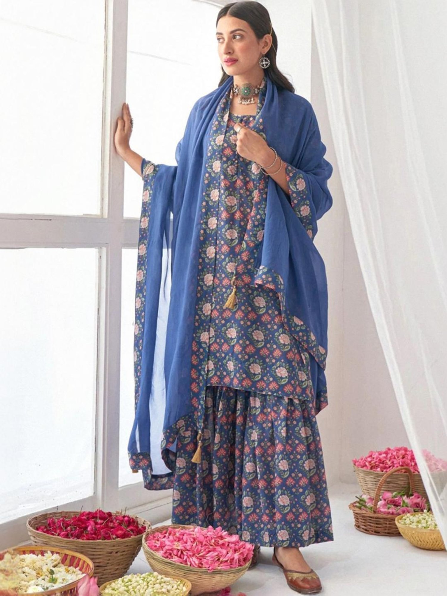 Odette Blue Floral Print Kurta Sharara Set With Dupatta