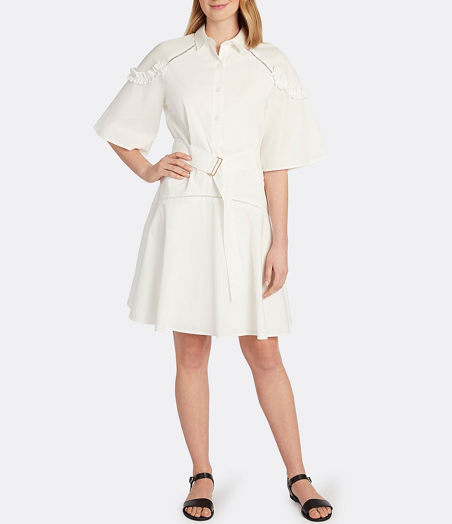 Tahari ASL Cotton Tie Waist Short Sleeve Shirt Dress